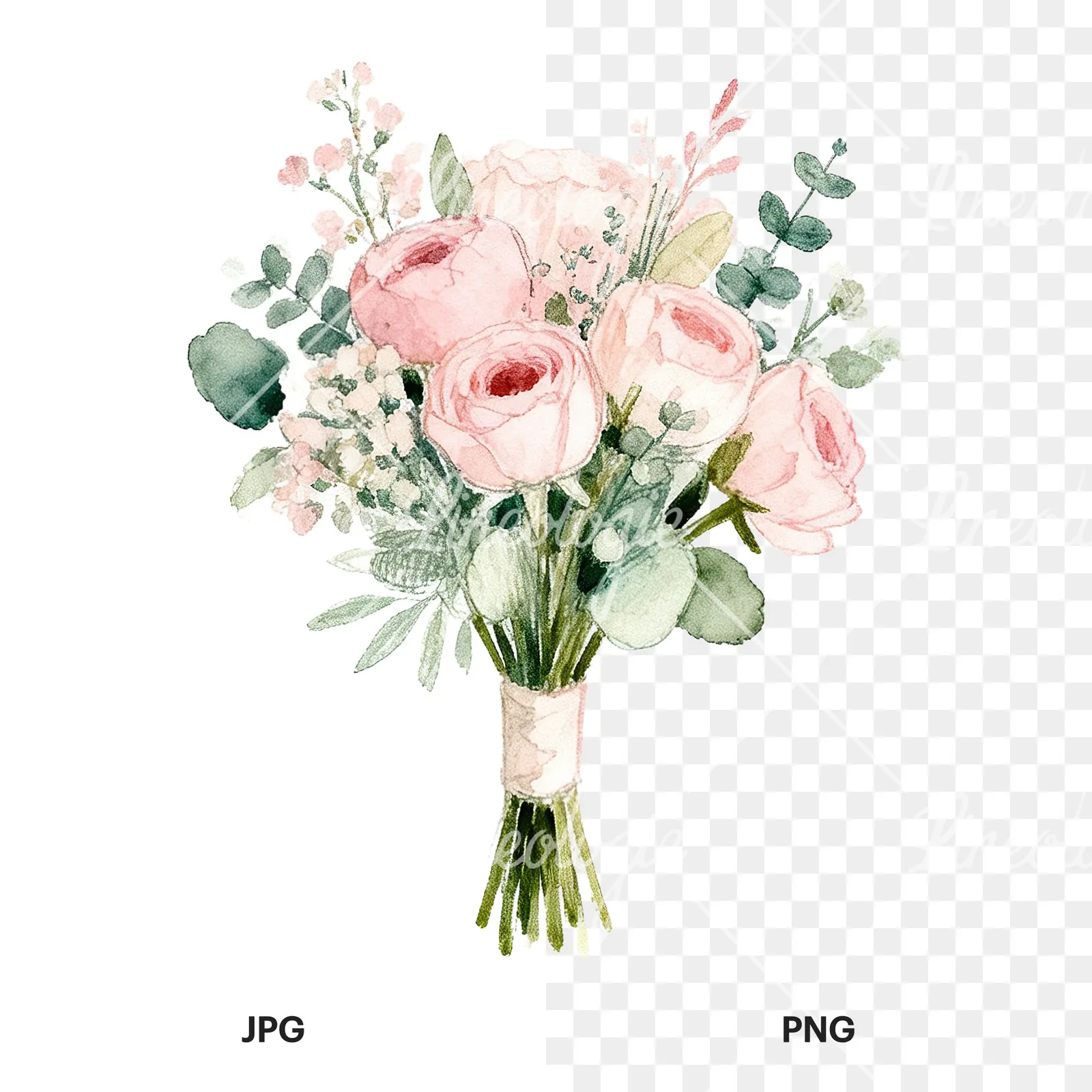 Watercolor soft pink and sage wedding bouquet clipart 7 of 9, as a JPG on white and a transparent PNG