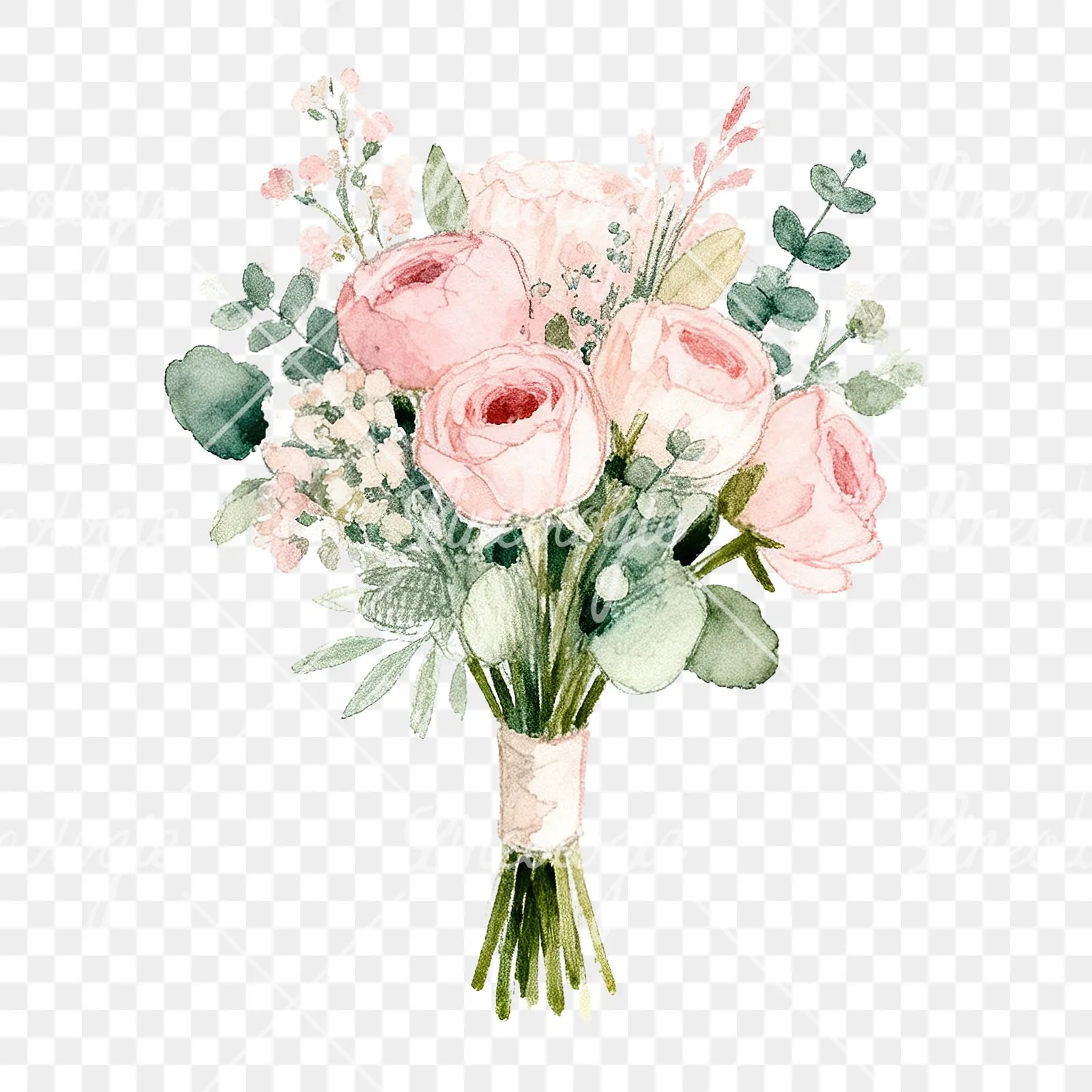 Watercolor soft pink and sage wedding bouquet clipart 7 of 9 on a transparent background (PNG)
