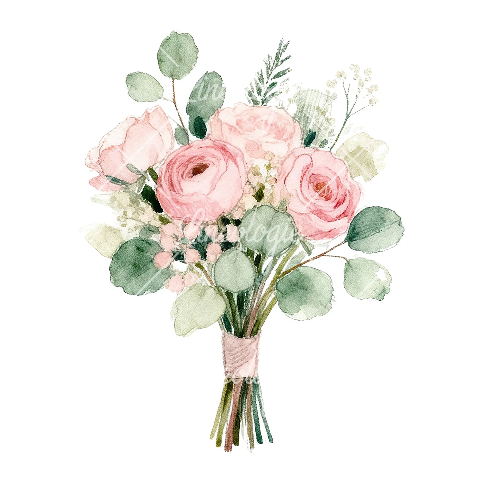 Watercolor soft pink and sage wedding bouquet clipart 8 of 9 on a white background (JPG)