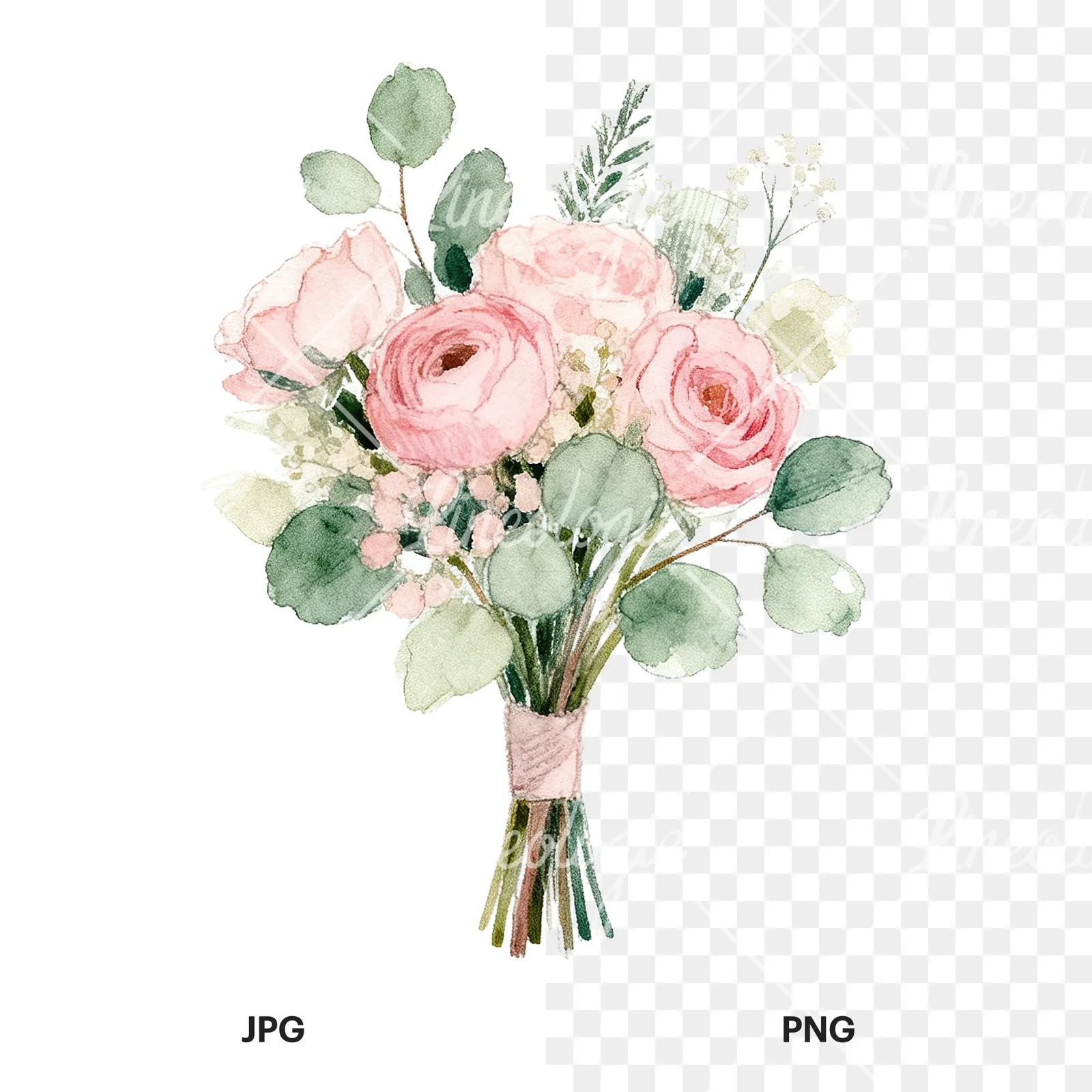 Watercolor soft pink and sage wedding bouquet clipart 8 of 9, as a JPG on white and a transparent PNG