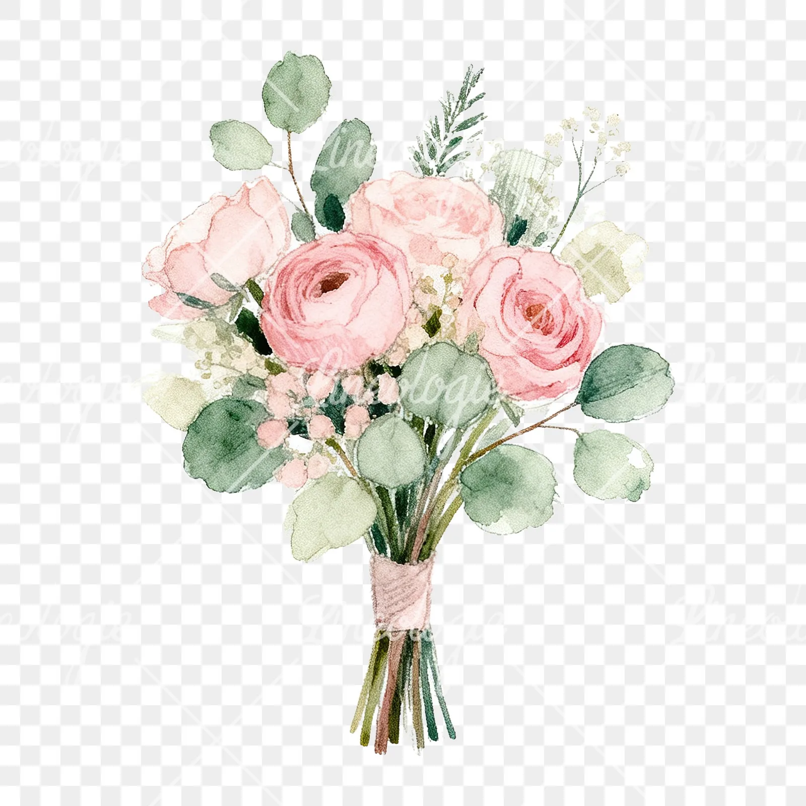 Watercolor soft pink and sage wedding bouquet clipart 8 of 9 on a transparent background (PNG)