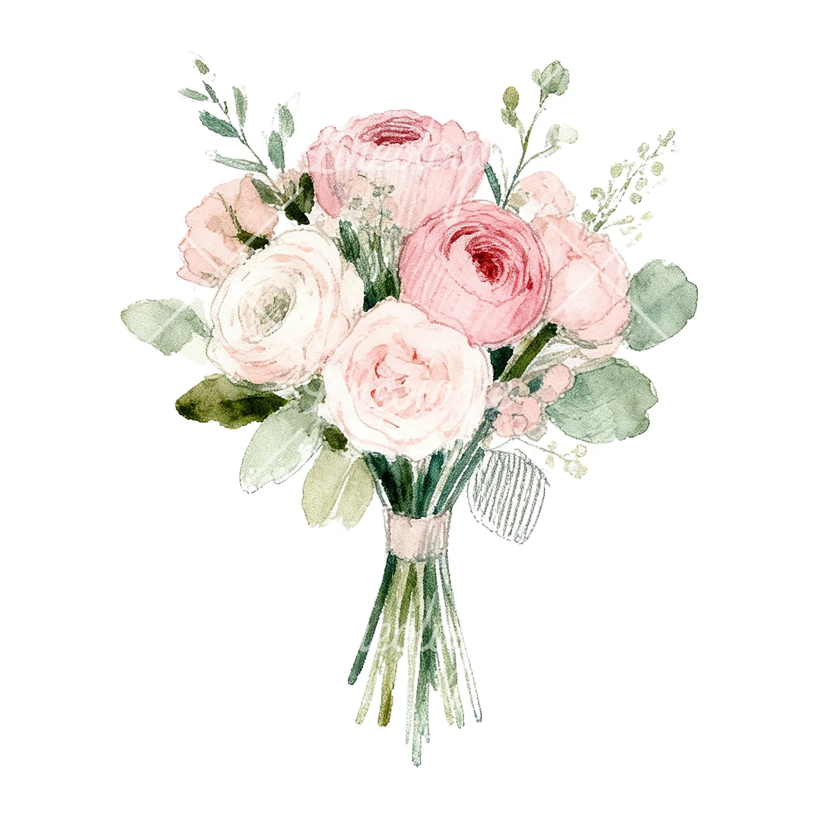 Watercolor soft pink and sage wedding bouquet clipart 9 of 9 on a white background (JPG)