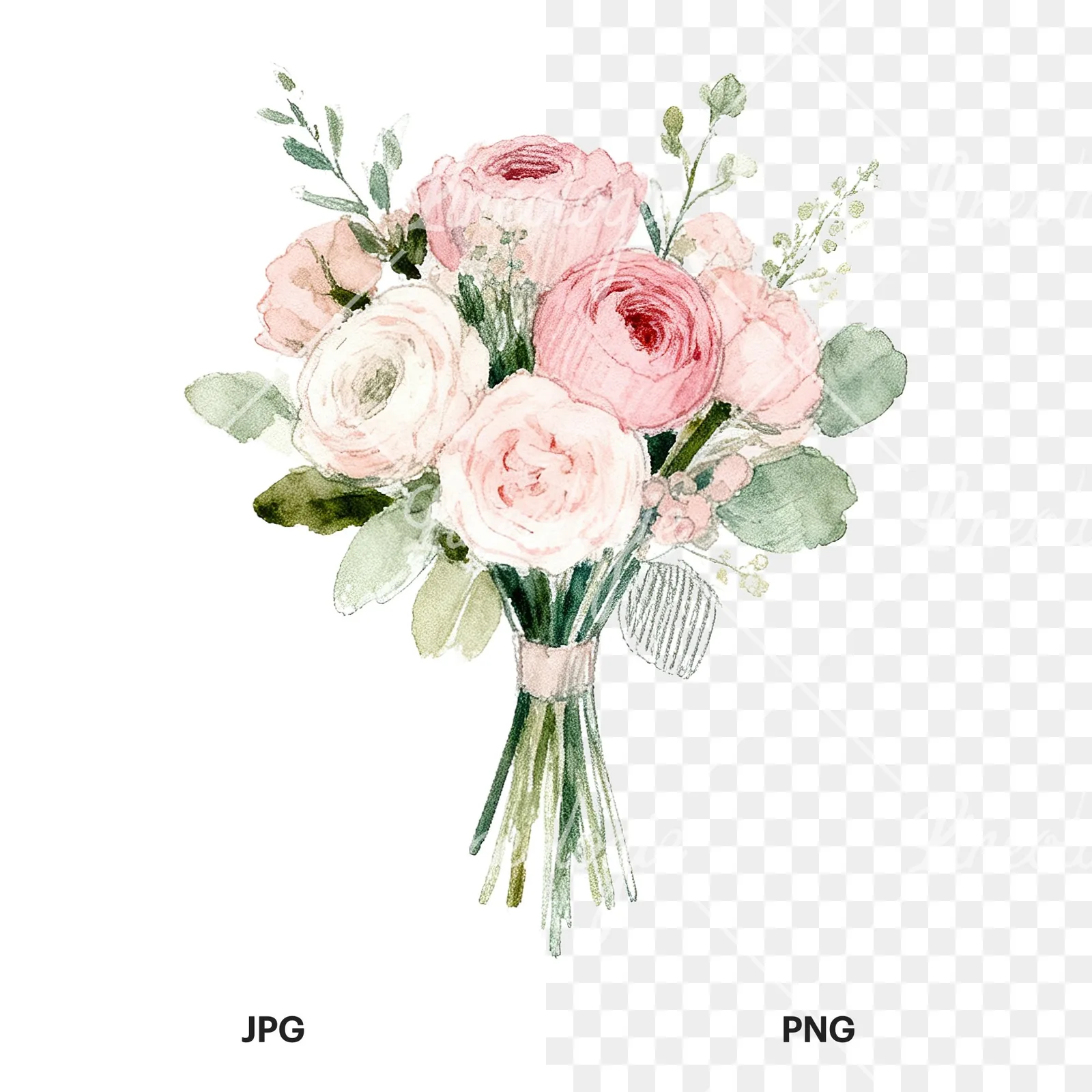 Watercolor soft pink and sage wedding bouquet clipart 9 of 9, as a JPG on white and a transparent PNG