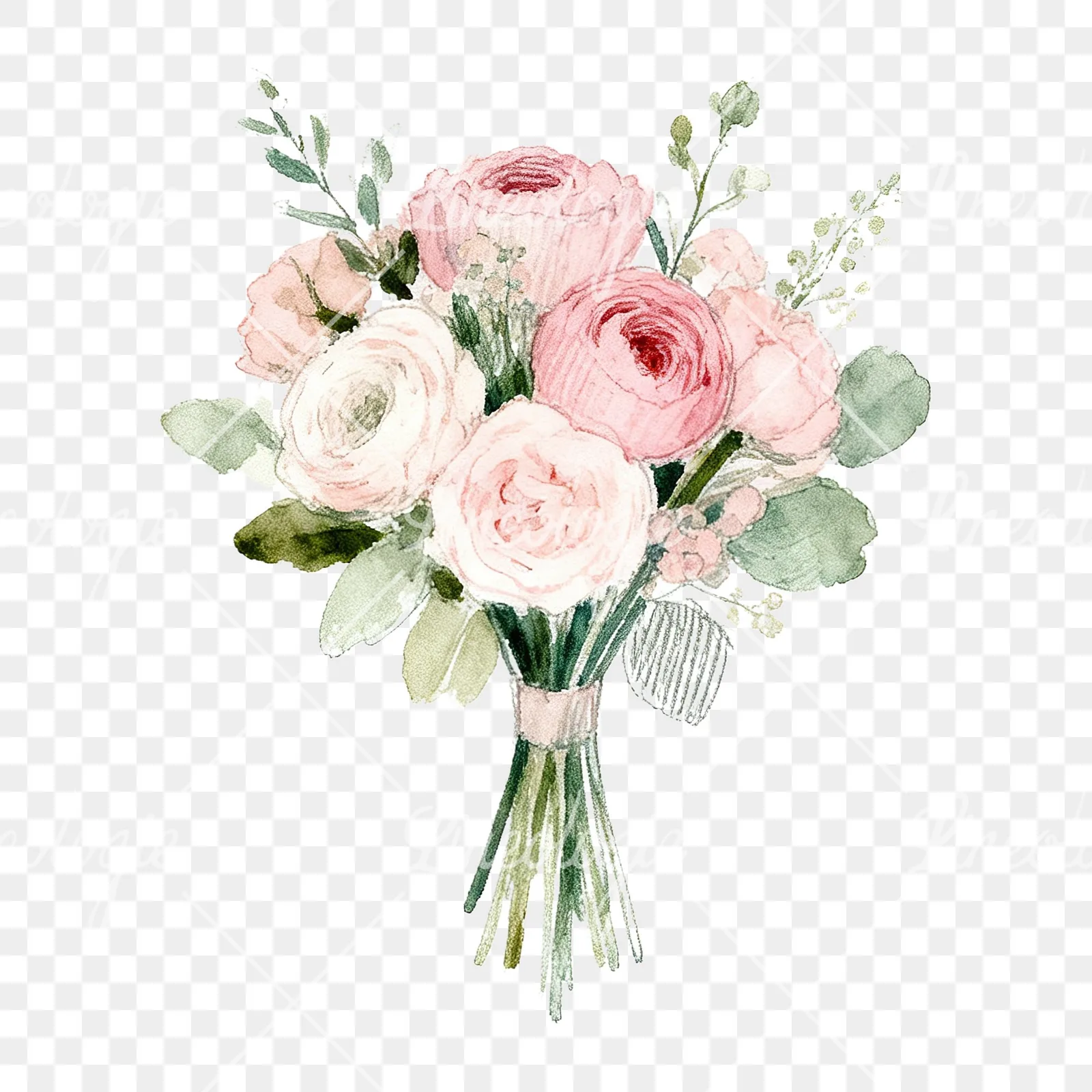 Watercolor soft pink and sage wedding bouquet clipart 9 of 9 on a transparent background (PNG)