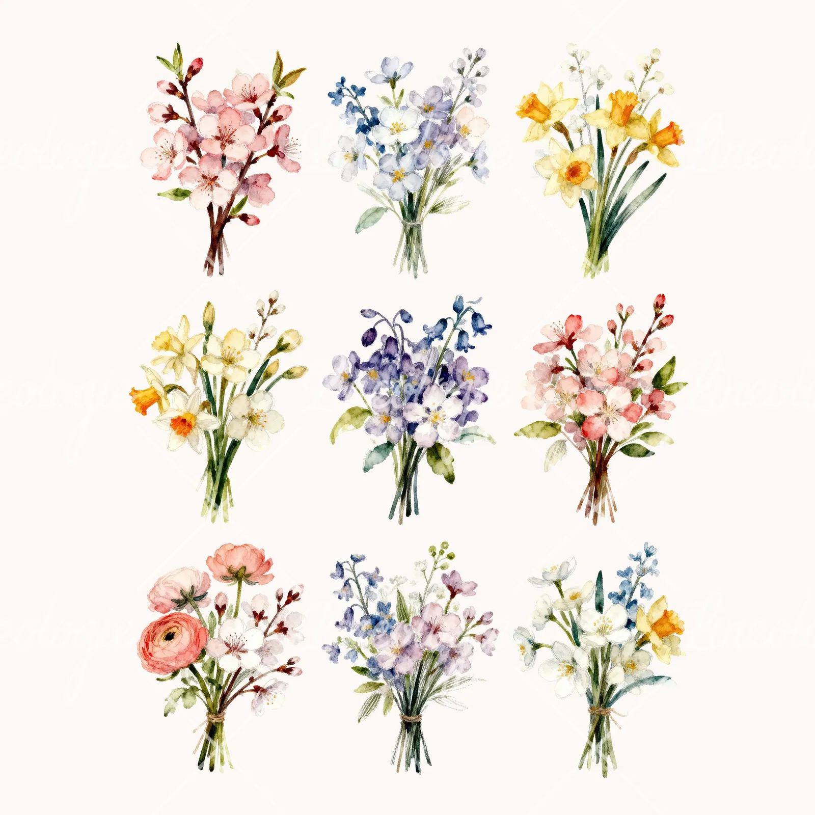 Watercolor Spring Blossom Bouquet Clipart, all 9 illustrations in the pack