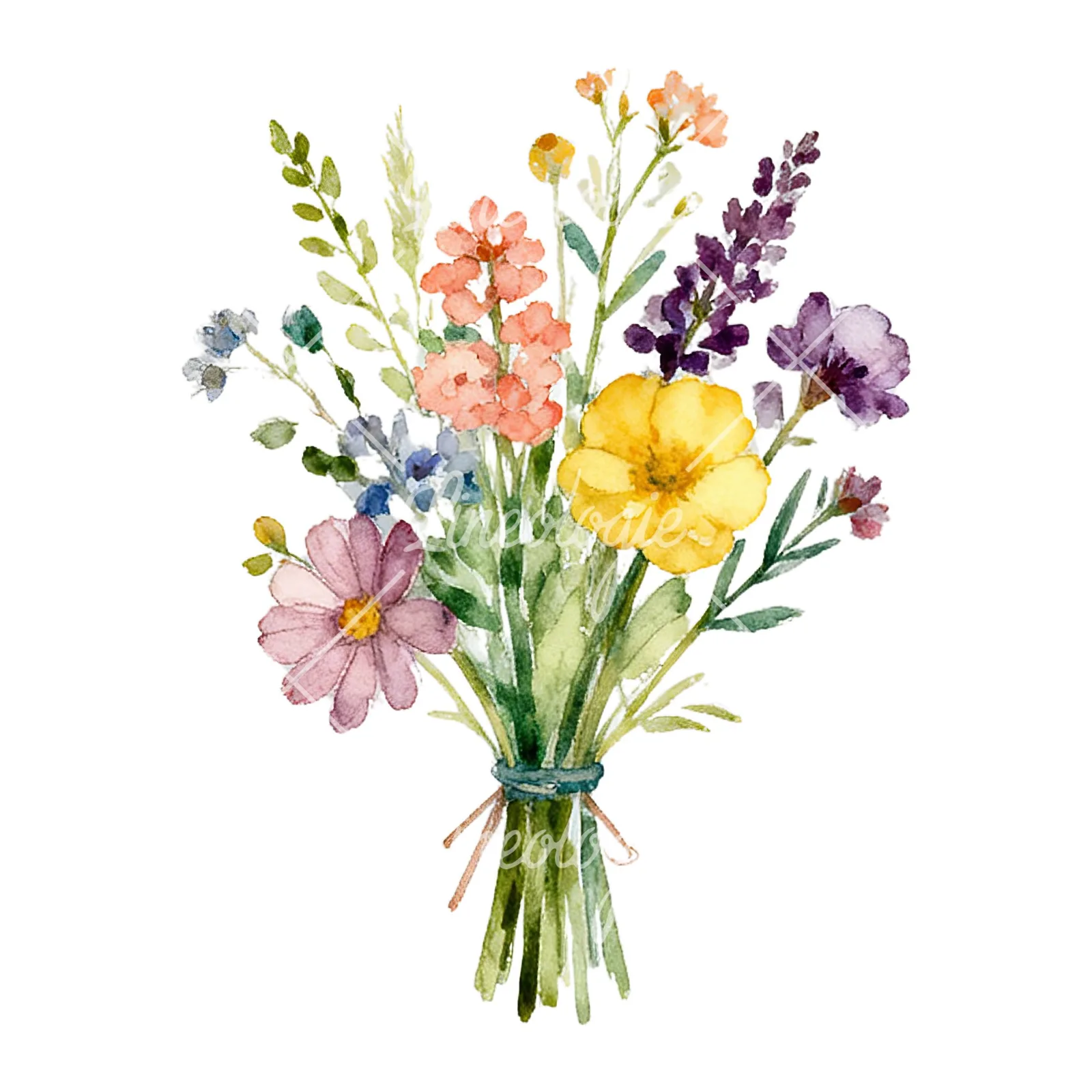 Watercolor summer meadow flower bouquet clipart 1 of 9 on a white background (JPG)