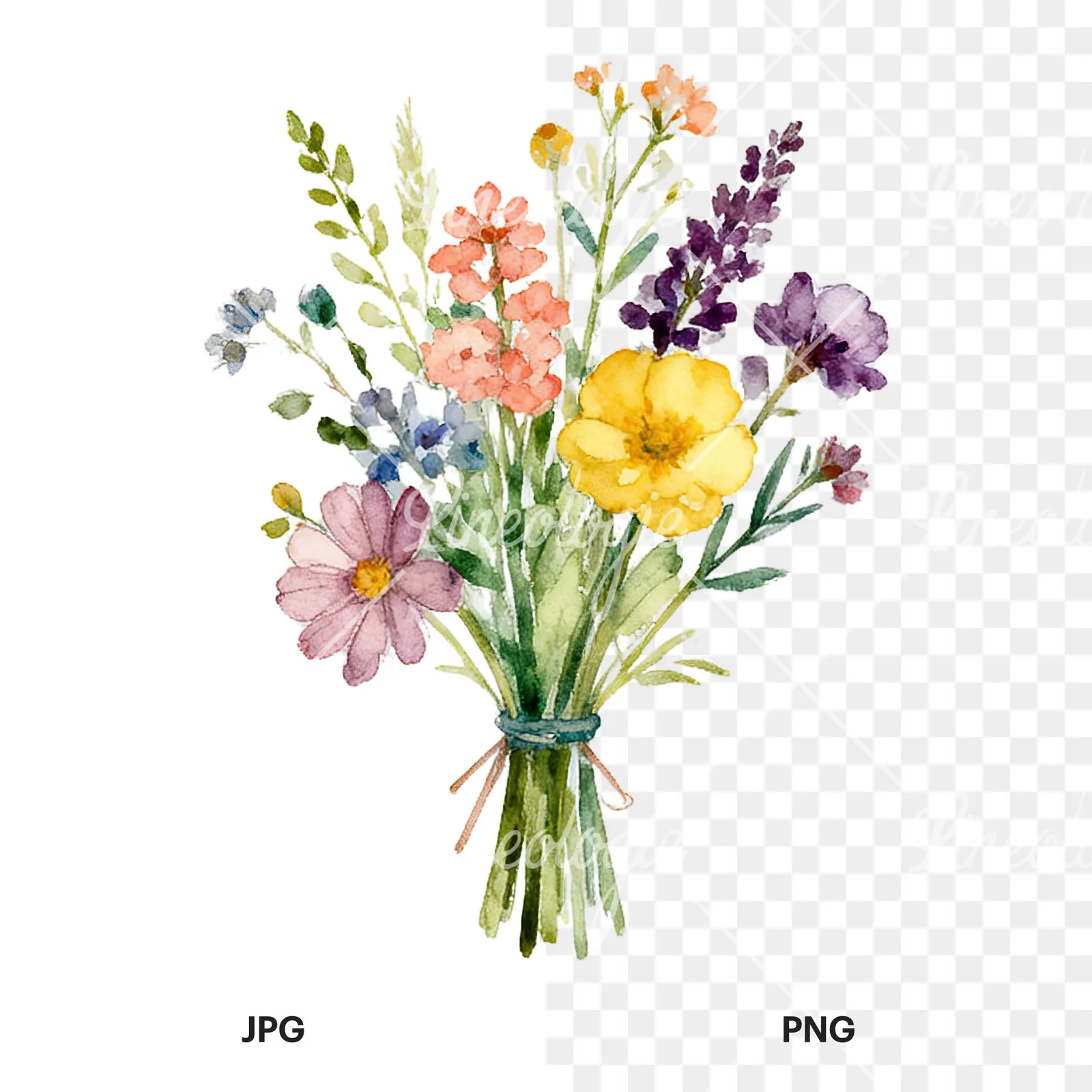 Watercolor summer meadow flower bouquet clipart 1 of 9, as a JPG on white and a transparent PNG
