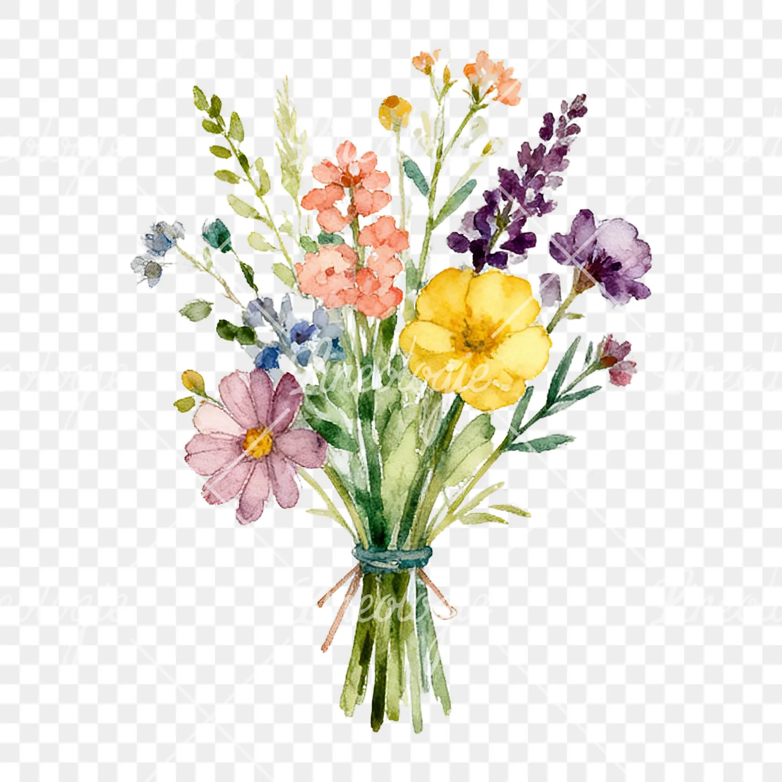 Watercolor summer meadow flower bouquet clipart 1 of 9 on a transparent background (PNG)