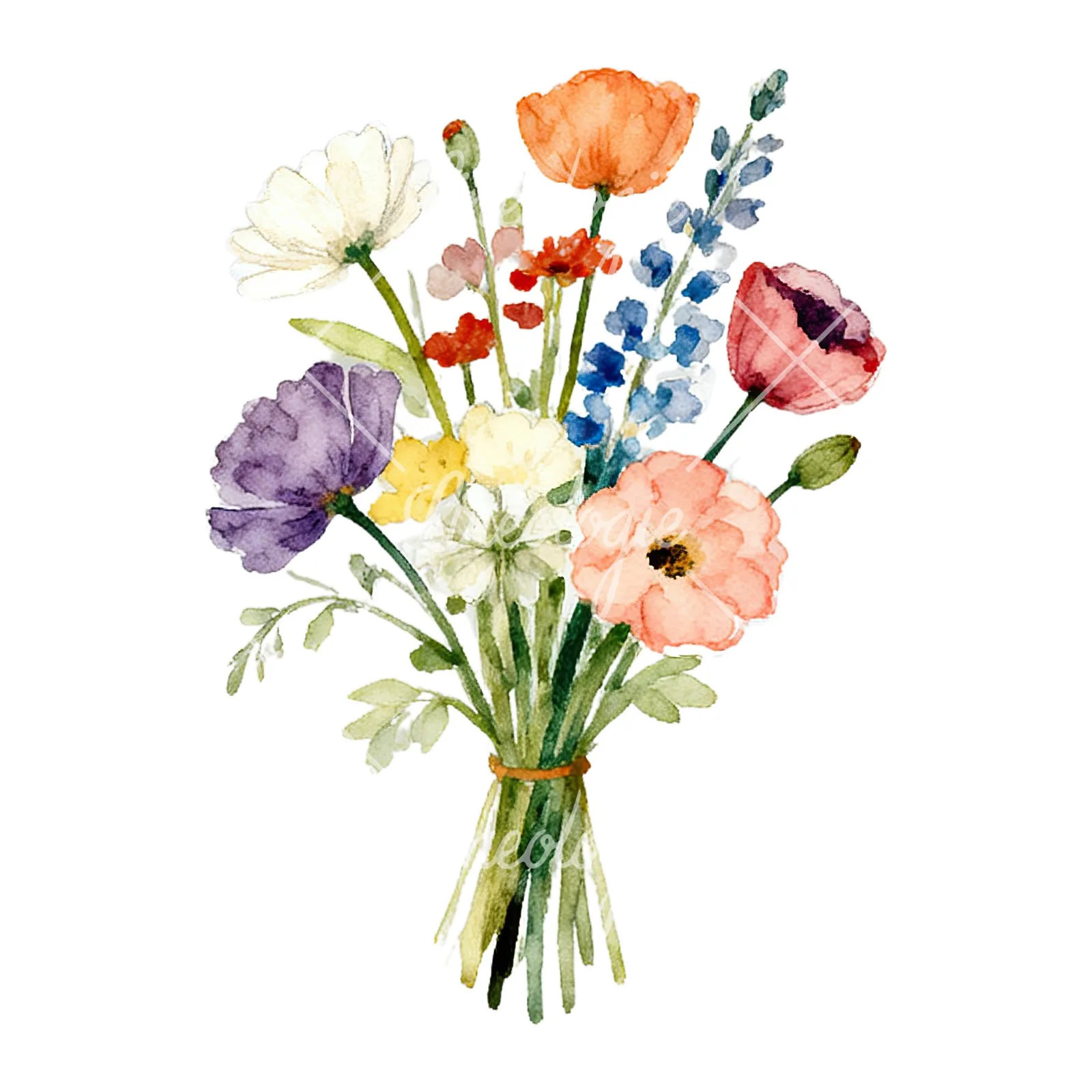 Watercolor summer meadow flower bouquet clipart 2 of 9 on a white background (JPG)
