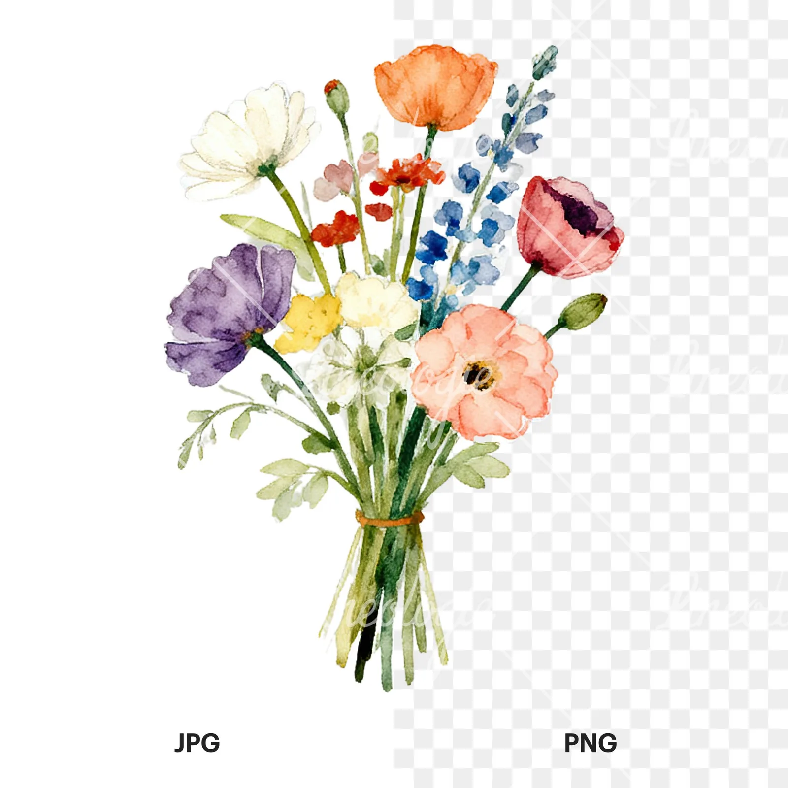 Watercolor summer meadow flower bouquet clipart 2 of 9, as a JPG on white and a transparent PNG
