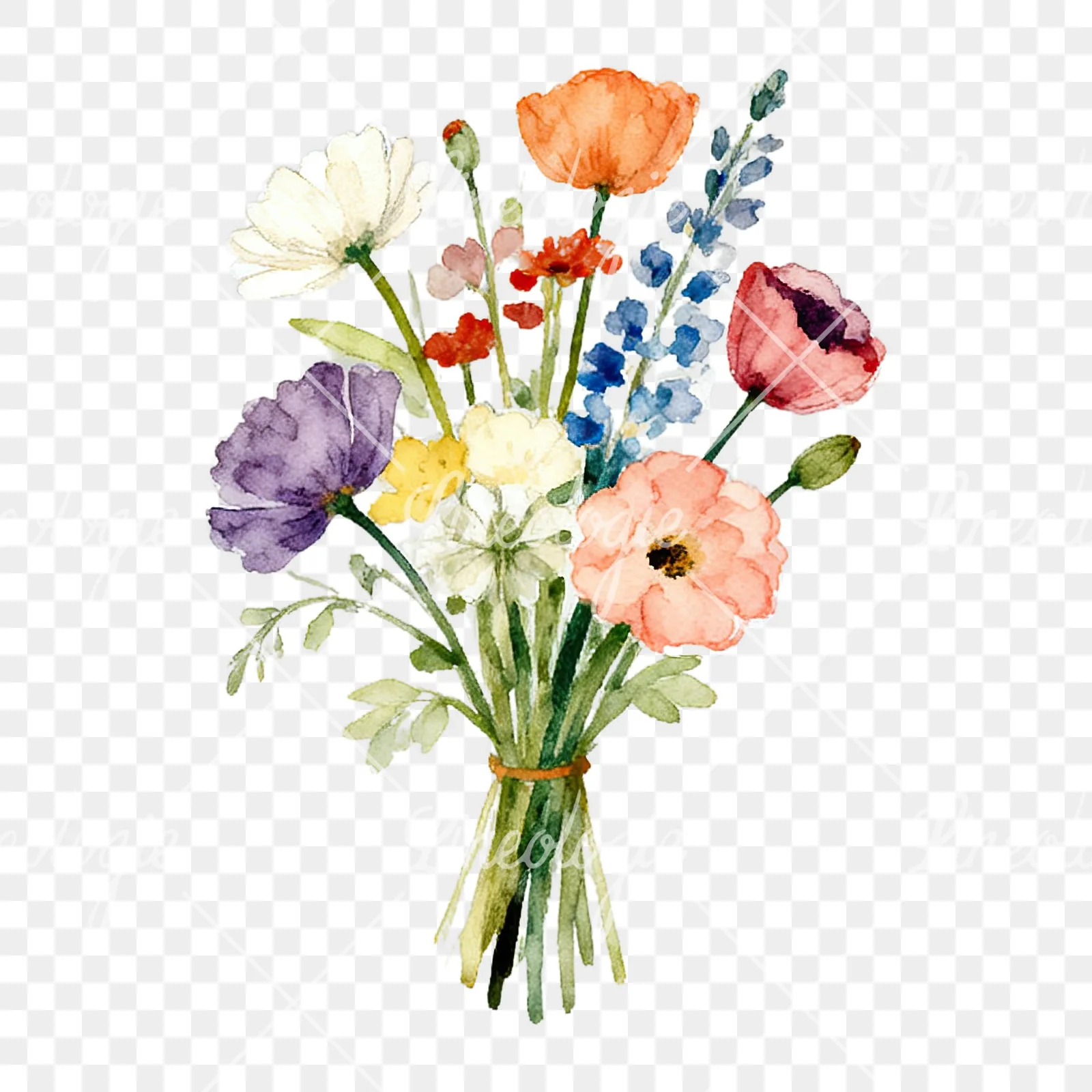 Watercolor summer meadow flower bouquet clipart 2 of 9 on a transparent background (PNG)