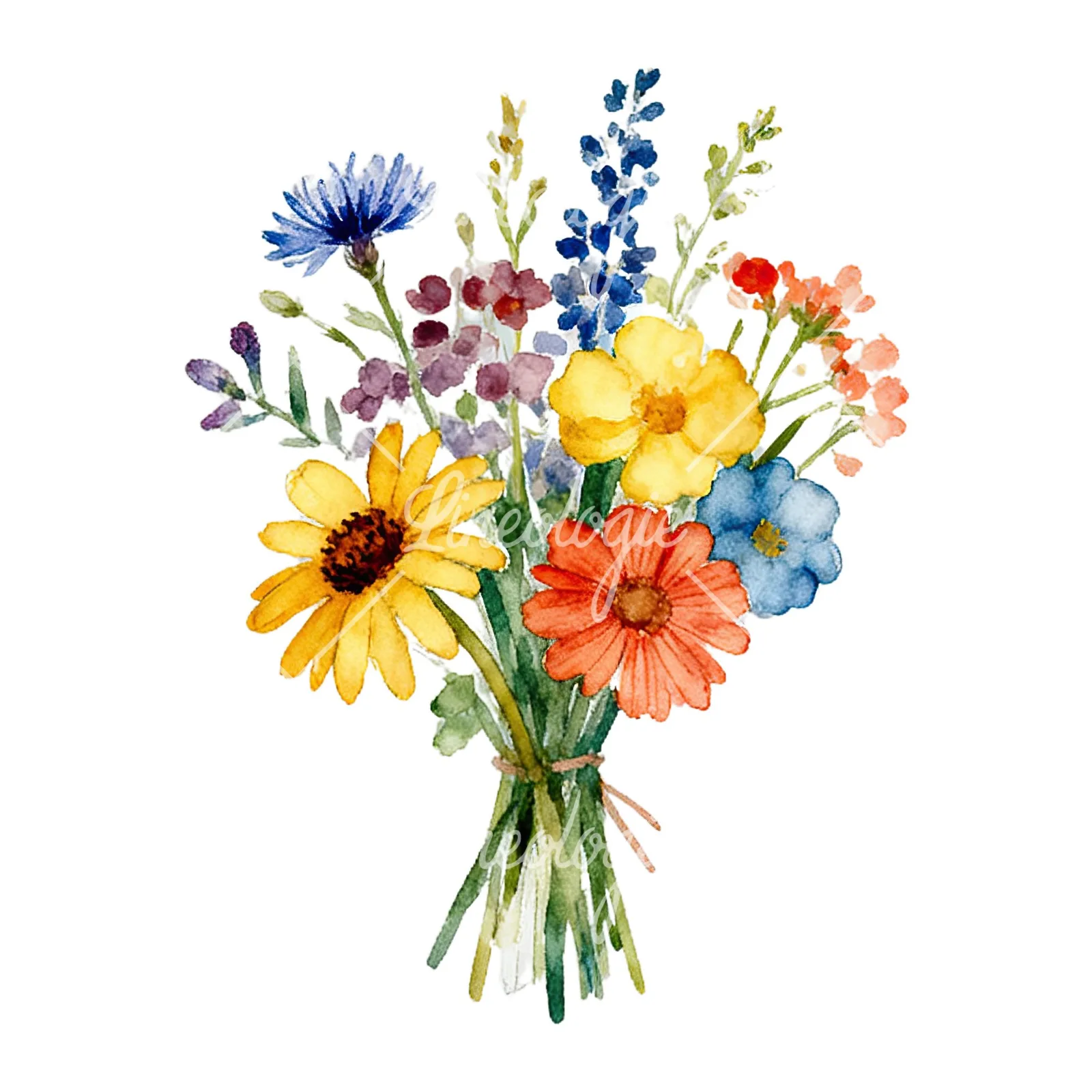 Watercolor summer meadow flower bouquet clipart 4 of 9 on a white background (JPG)