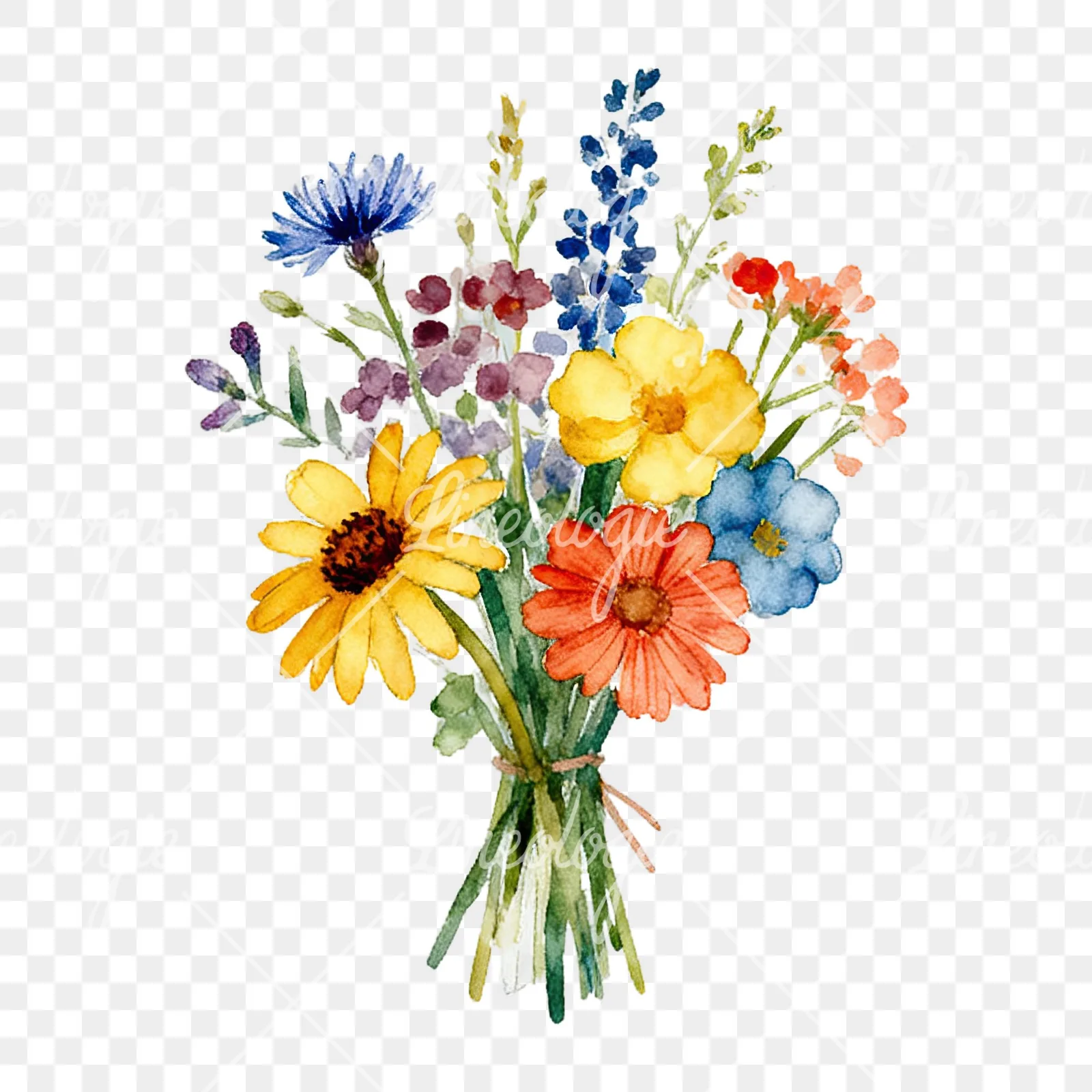 Watercolor summer meadow flower bouquet clipart 4 of 9 on a transparent background (PNG)