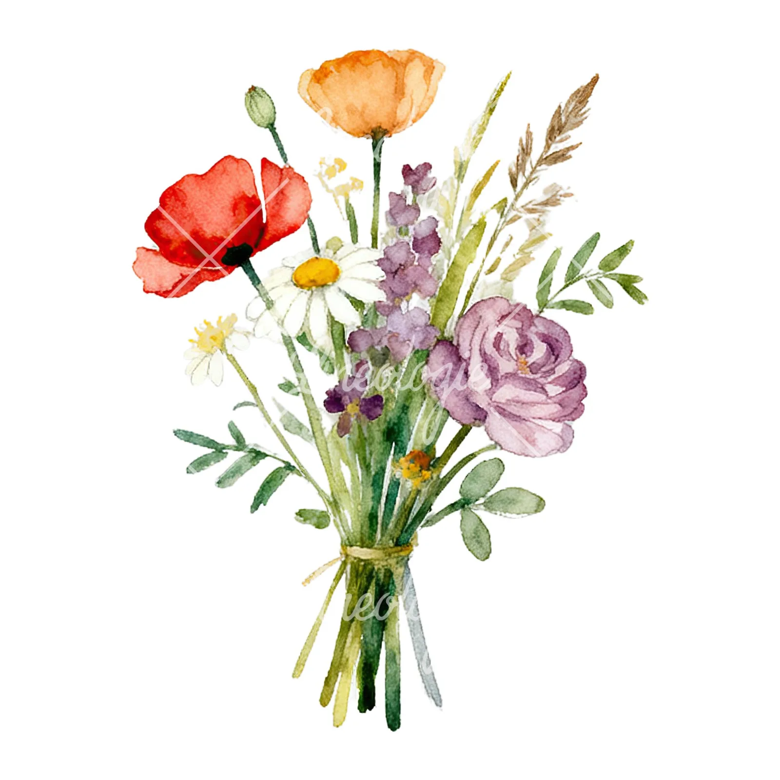 Watercolor summer meadow flower bouquet clipart 5 of 9 on a white background (JPG)
