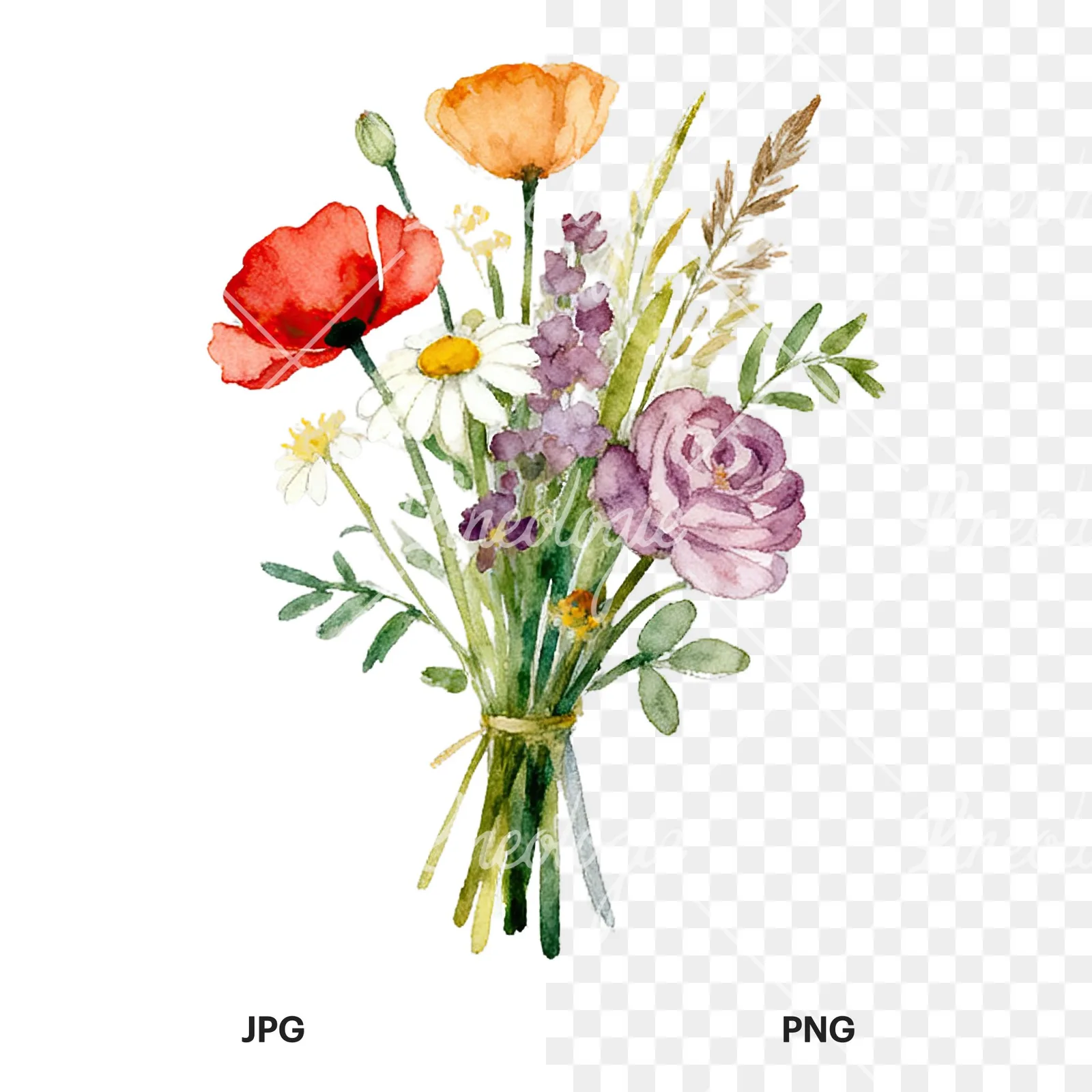 Watercolor summer meadow flower bouquet clipart 5 of 9, as a JPG on white and a transparent PNG