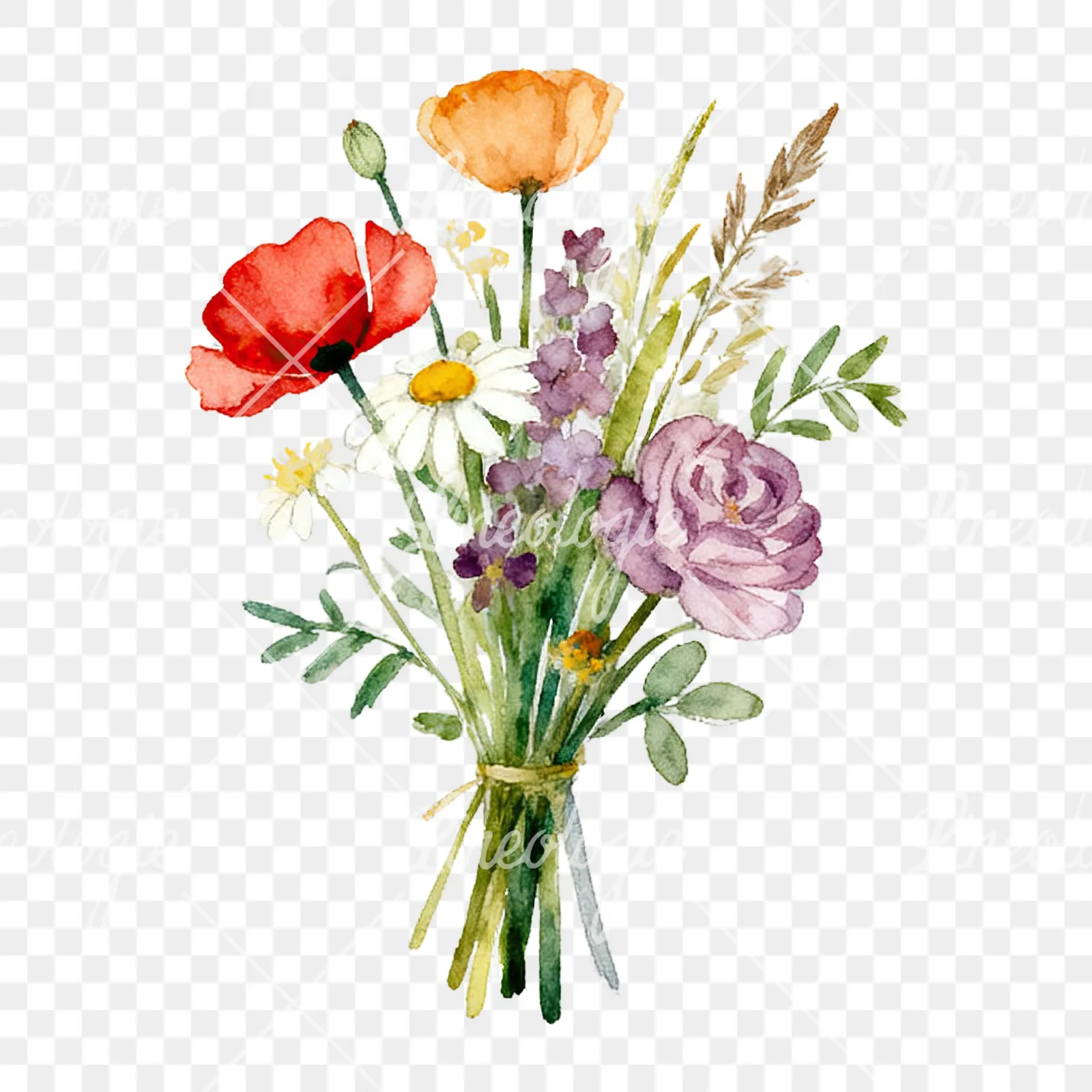 Watercolor summer meadow flower bouquet clipart 5 of 9 on a transparent background (PNG)