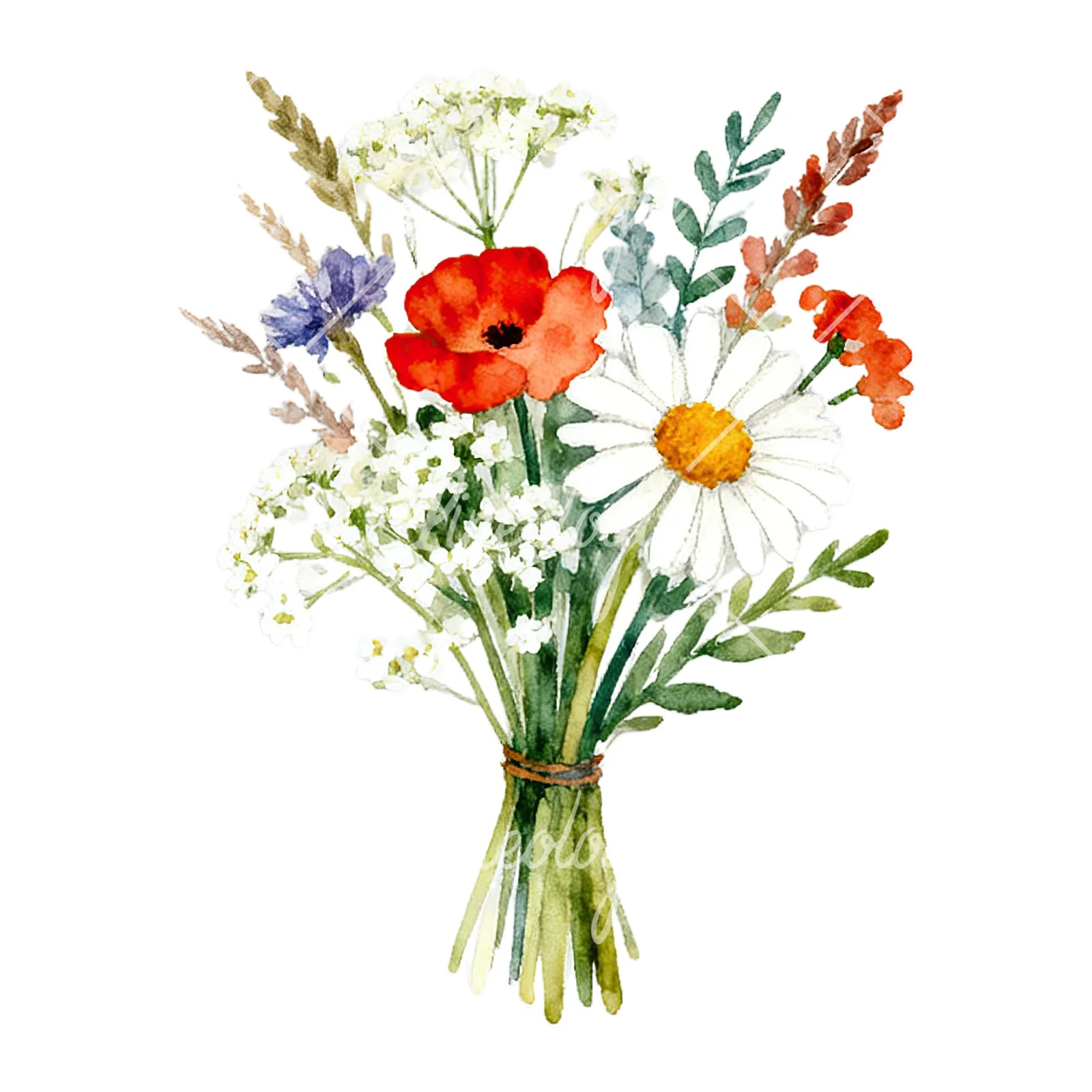 Watercolor summer meadow flower bouquet clipart 7 of 9 on a white background (JPG)