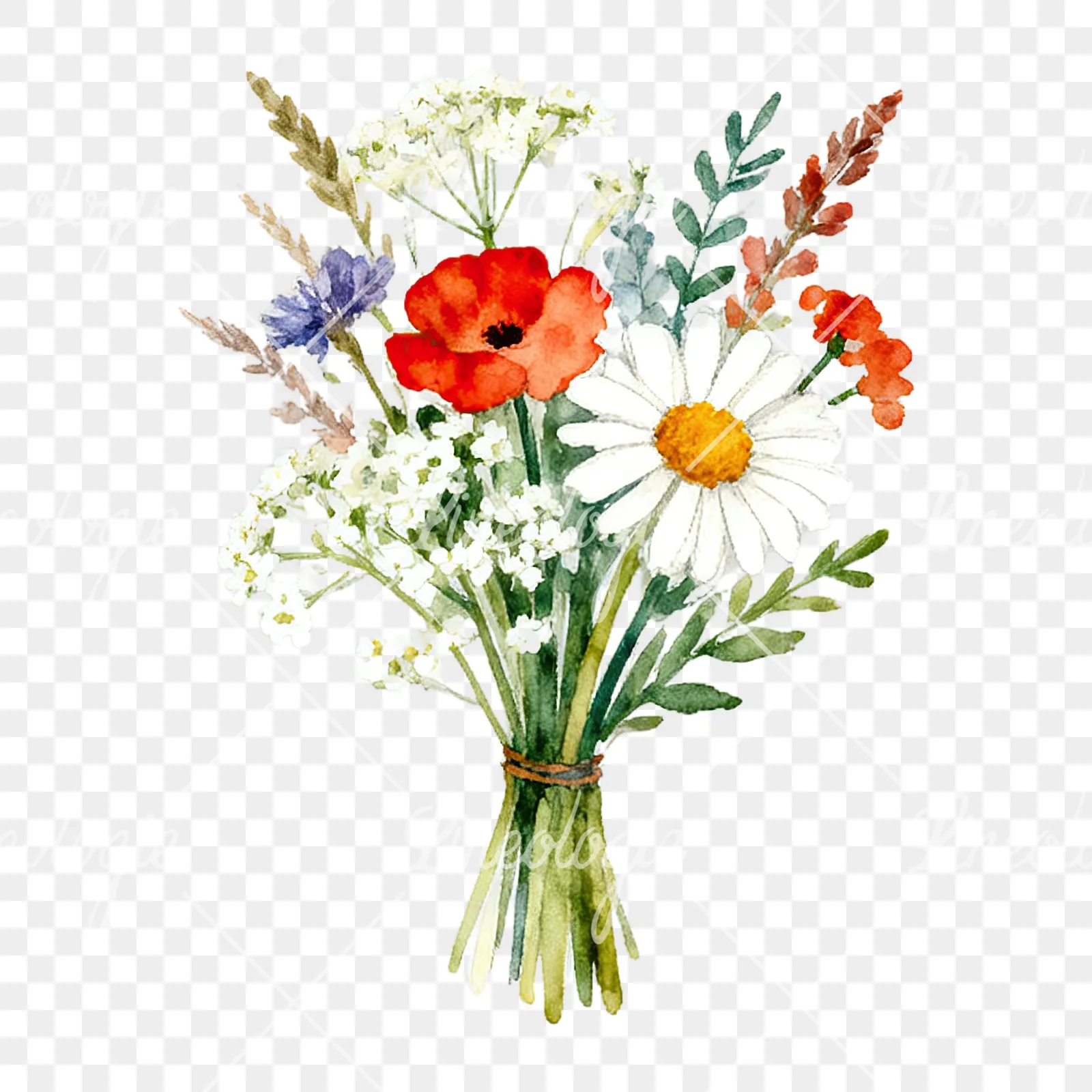 Watercolor summer meadow flower bouquet clipart 7 of 9 on a transparent background (PNG)