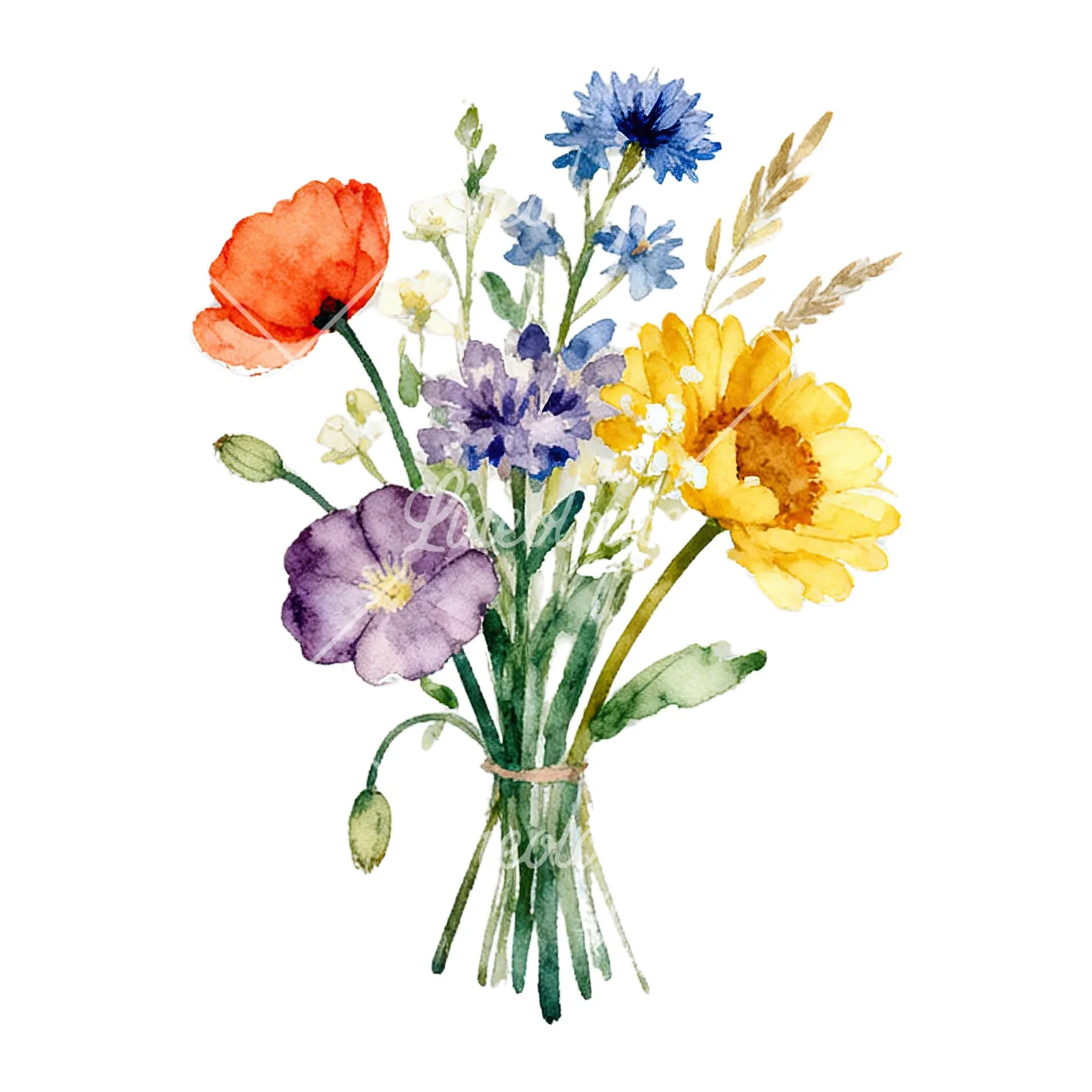 Watercolor summer meadow flower bouquet clipart 8 of 9 on a white background (JPG)