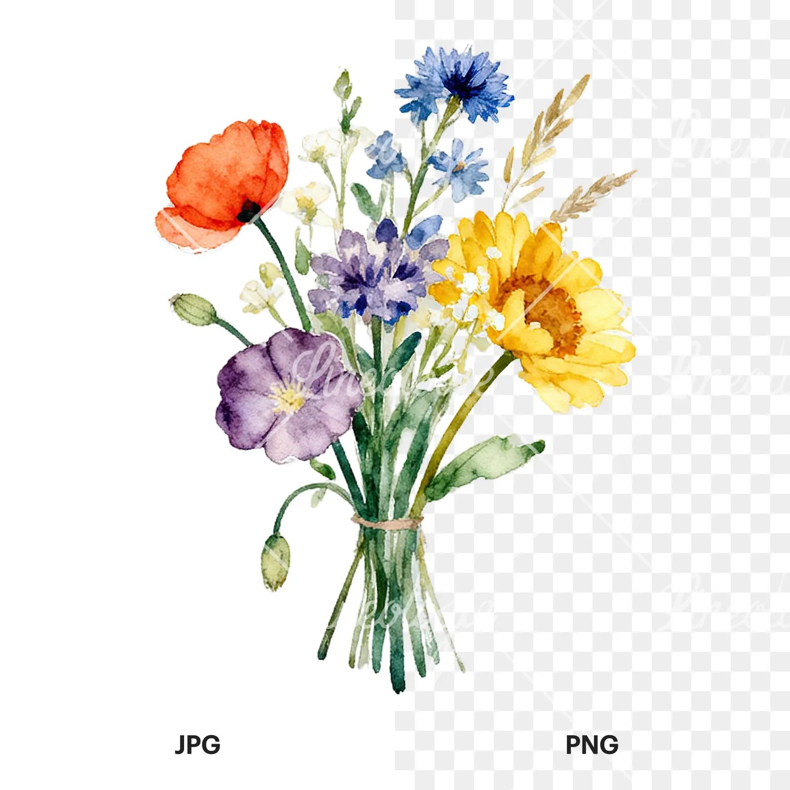 Watercolor summer meadow flower bouquet clipart 8 of 9, as a JPG on white and a transparent PNG