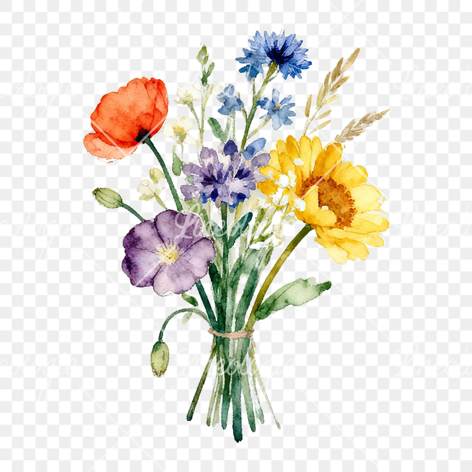 Watercolor summer meadow flower bouquet clipart 8 of 9 on a transparent background (PNG)
