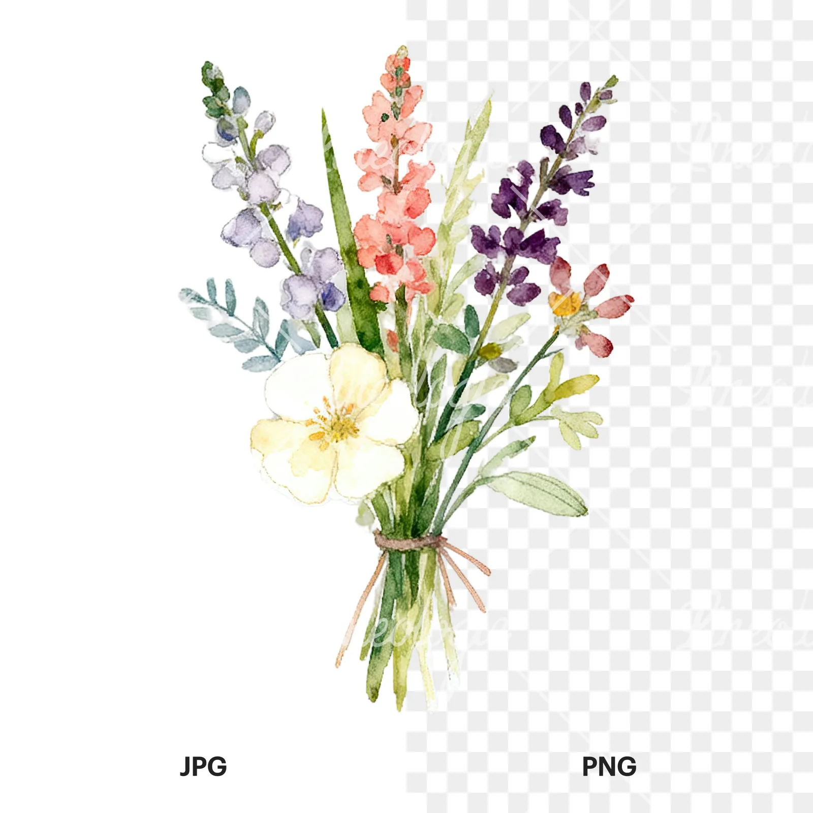 Watercolor summer meadow flower bouquet clipart 9 of 9, as a JPG on white and a transparent PNG