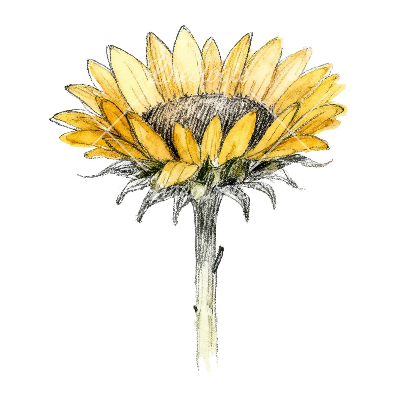 Watercolor single sunflower clipart 1 of 9 on a white background (JPG)