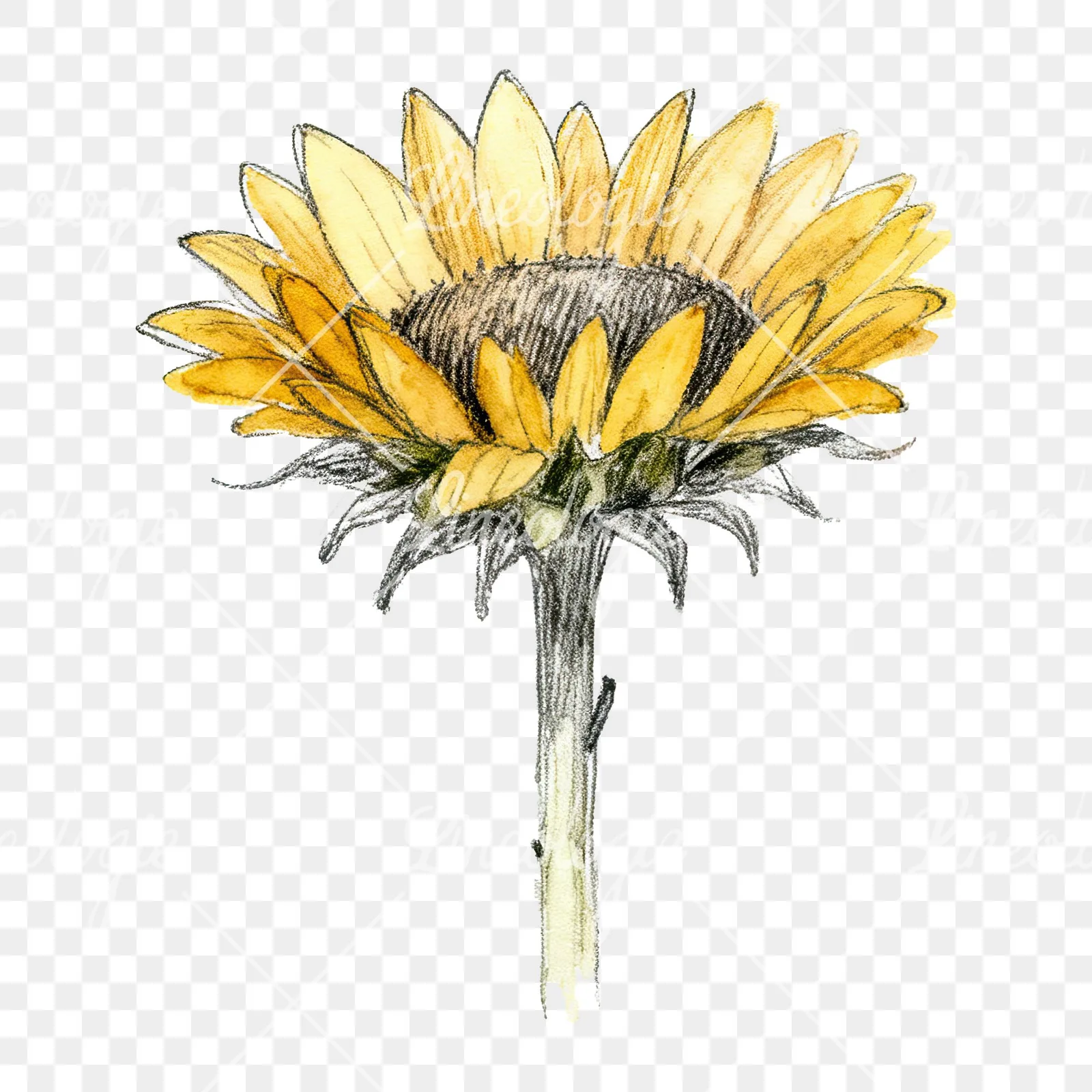 Watercolor single sunflower clipart 1 of 9 on a transparent background (PNG)