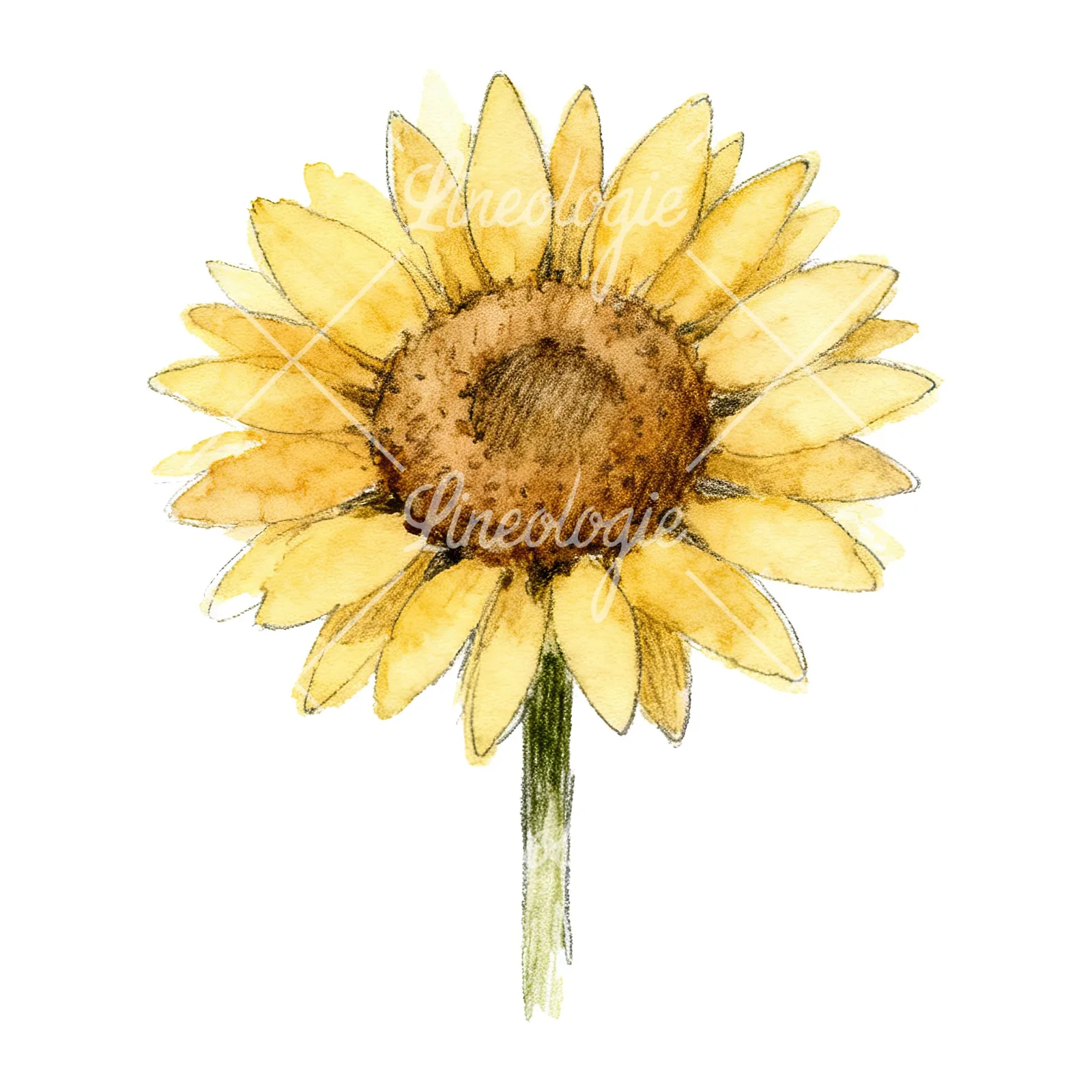 Watercolor single sunflower clipart 2 of 9 on a white background (JPG)