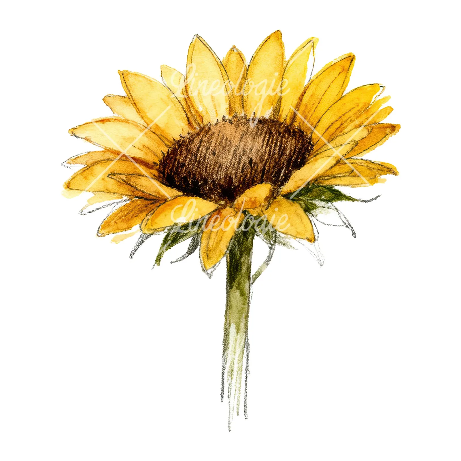 Watercolor single sunflower clipart 3 of 9 on a white background (JPG)