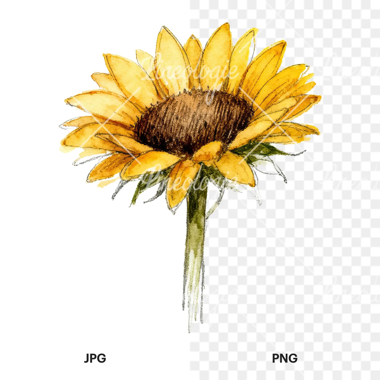 Watercolor single sunflower clipart 3 of 9, as a JPG on white and a transparent PNG