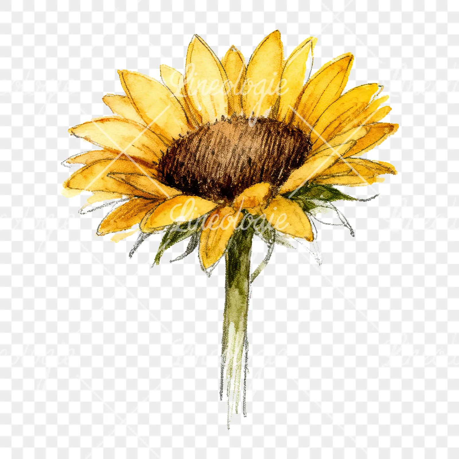 Watercolor single sunflower clipart 3 of 9 on a transparent background (PNG)
