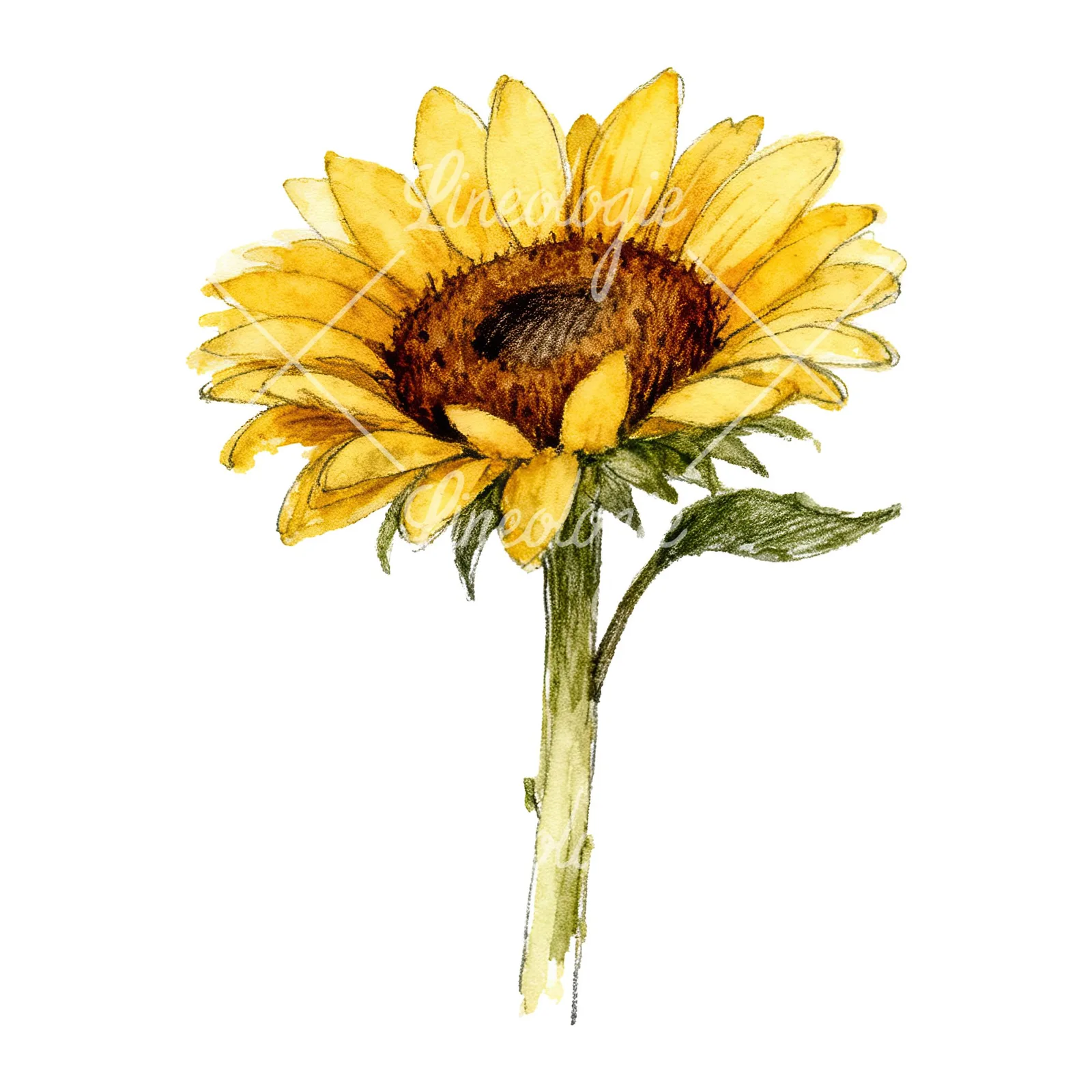 Watercolor single sunflower clipart 4 of 9 on a white background (JPG)