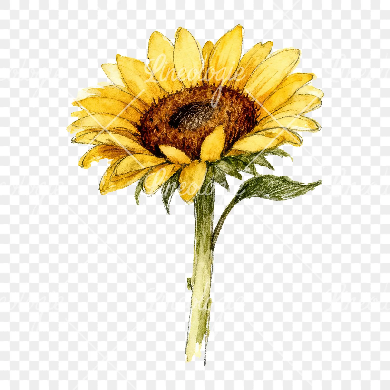Watercolor single sunflower clipart 4 of 9 on a transparent background (PNG)