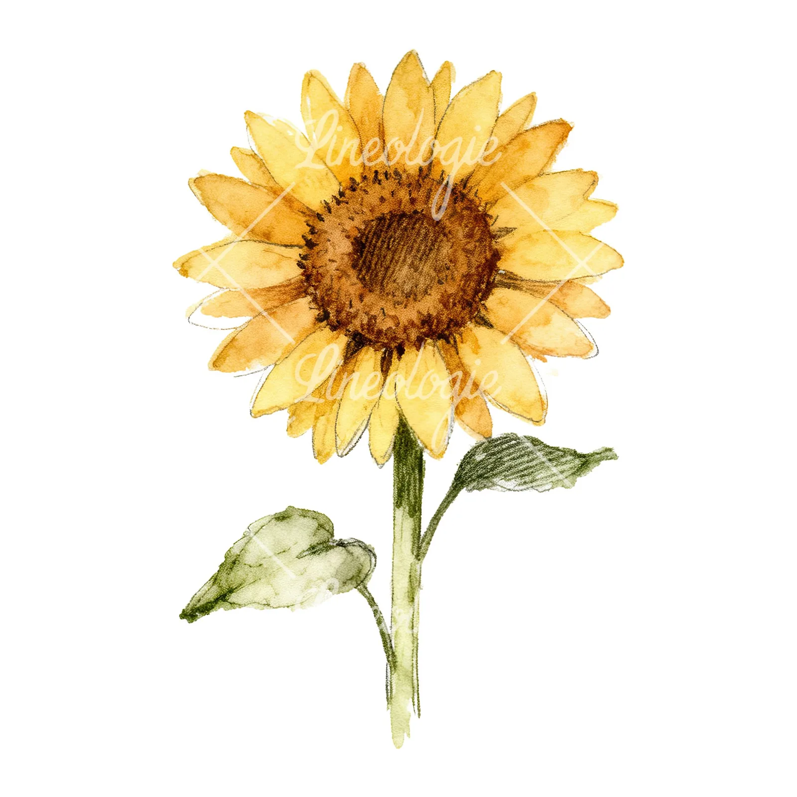 Watercolor single sunflower clipart 8 of 9 on a white background (JPG)