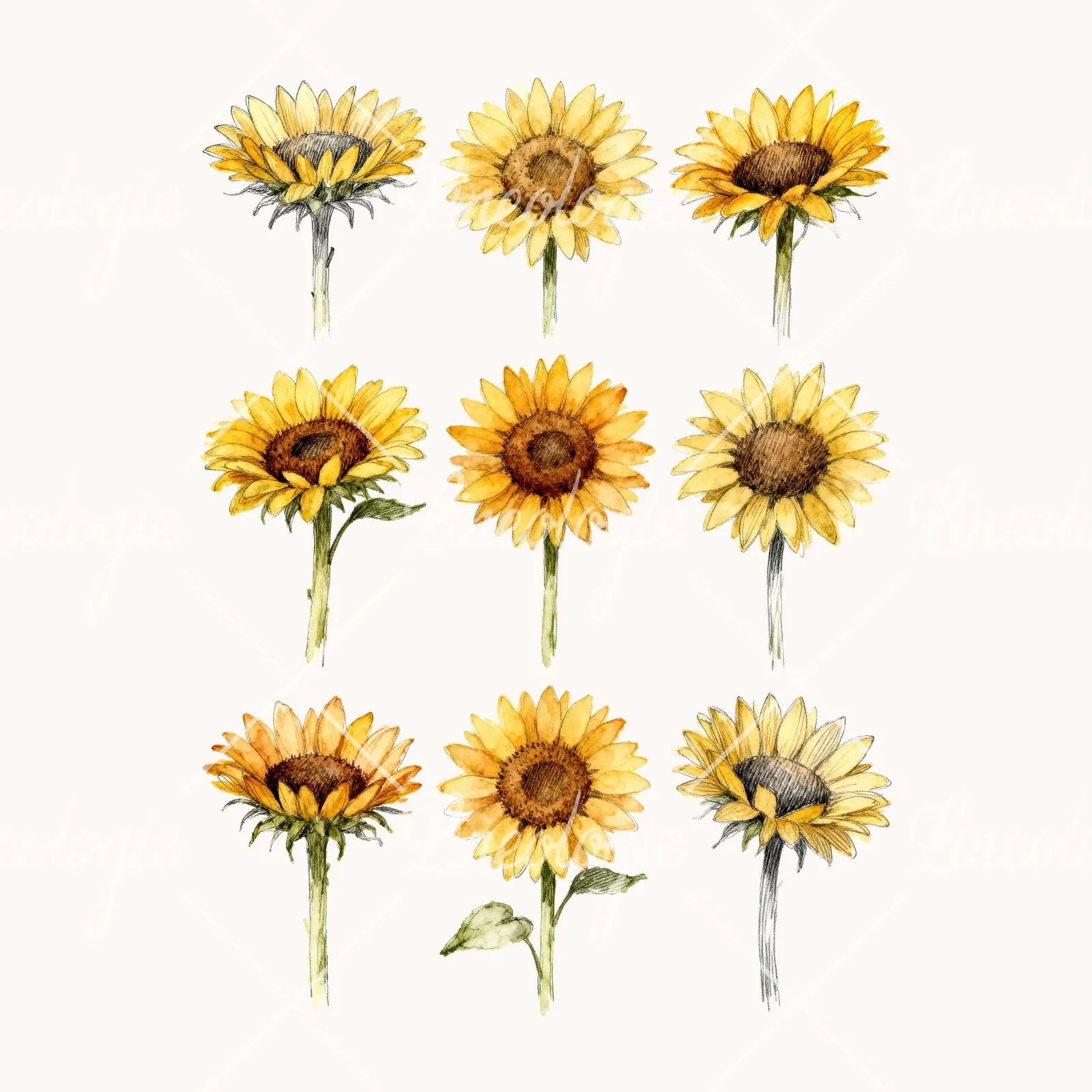 Watercolor Single Sunflower Clipart, all 9 illustrations in the pack