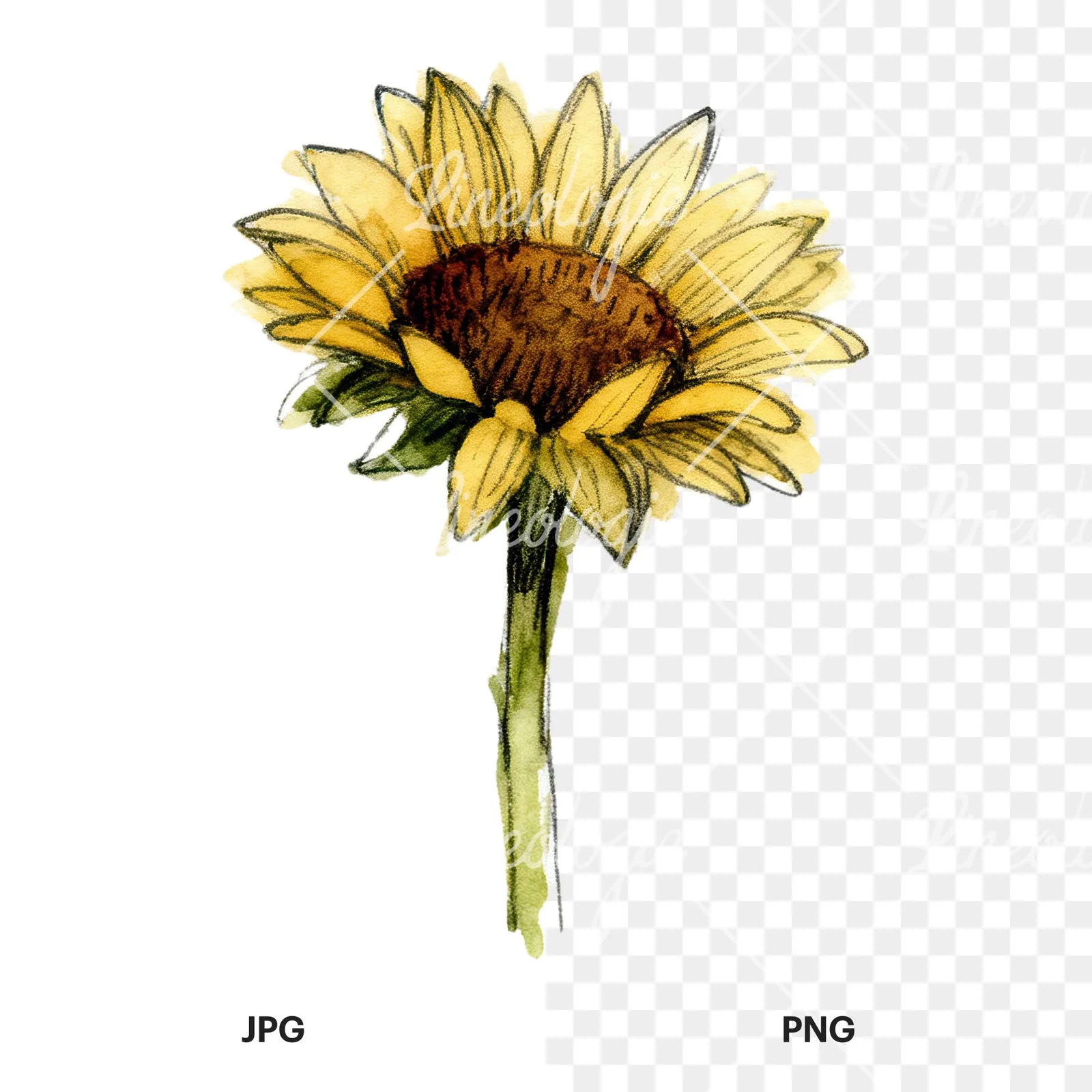 Watercolor sunflower flower clipart 5 of 9, as a JPG on white and a transparent PNG