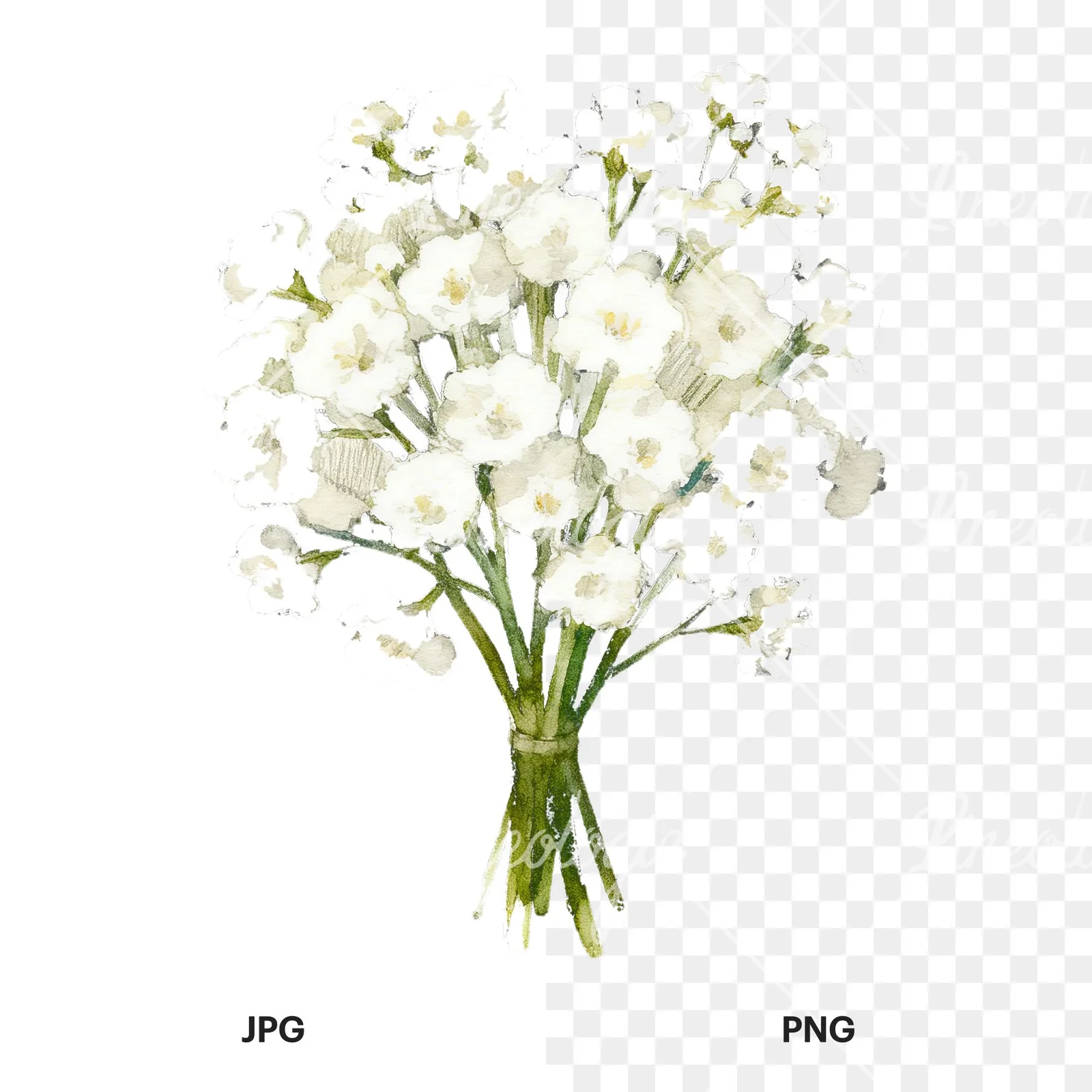 Watercolor babys breath bouquet clipart 1 of 9, as a JPG on white and a transparent PNG