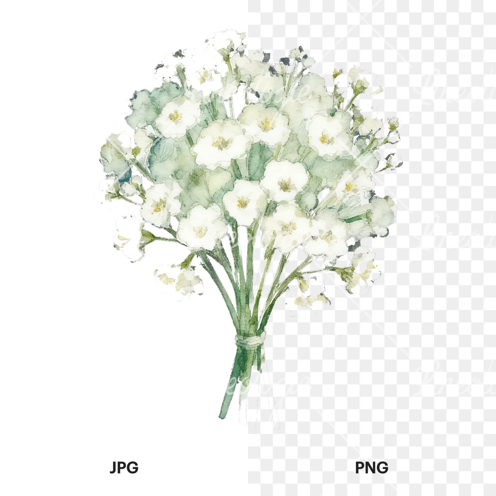 Watercolor babys breath bouquet clipart 2 of 9, as a JPG on white and a transparent PNG