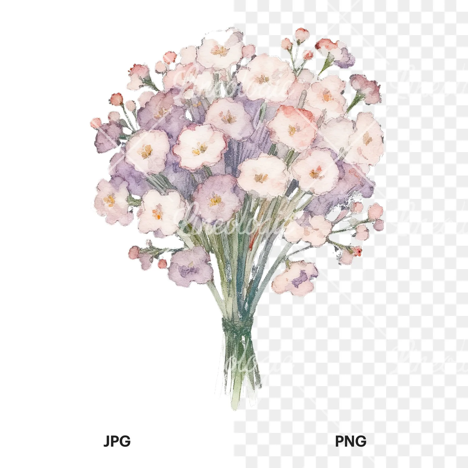 Watercolor babys breath bouquet clipart 3 of 9, as a JPG on white and a transparent PNG