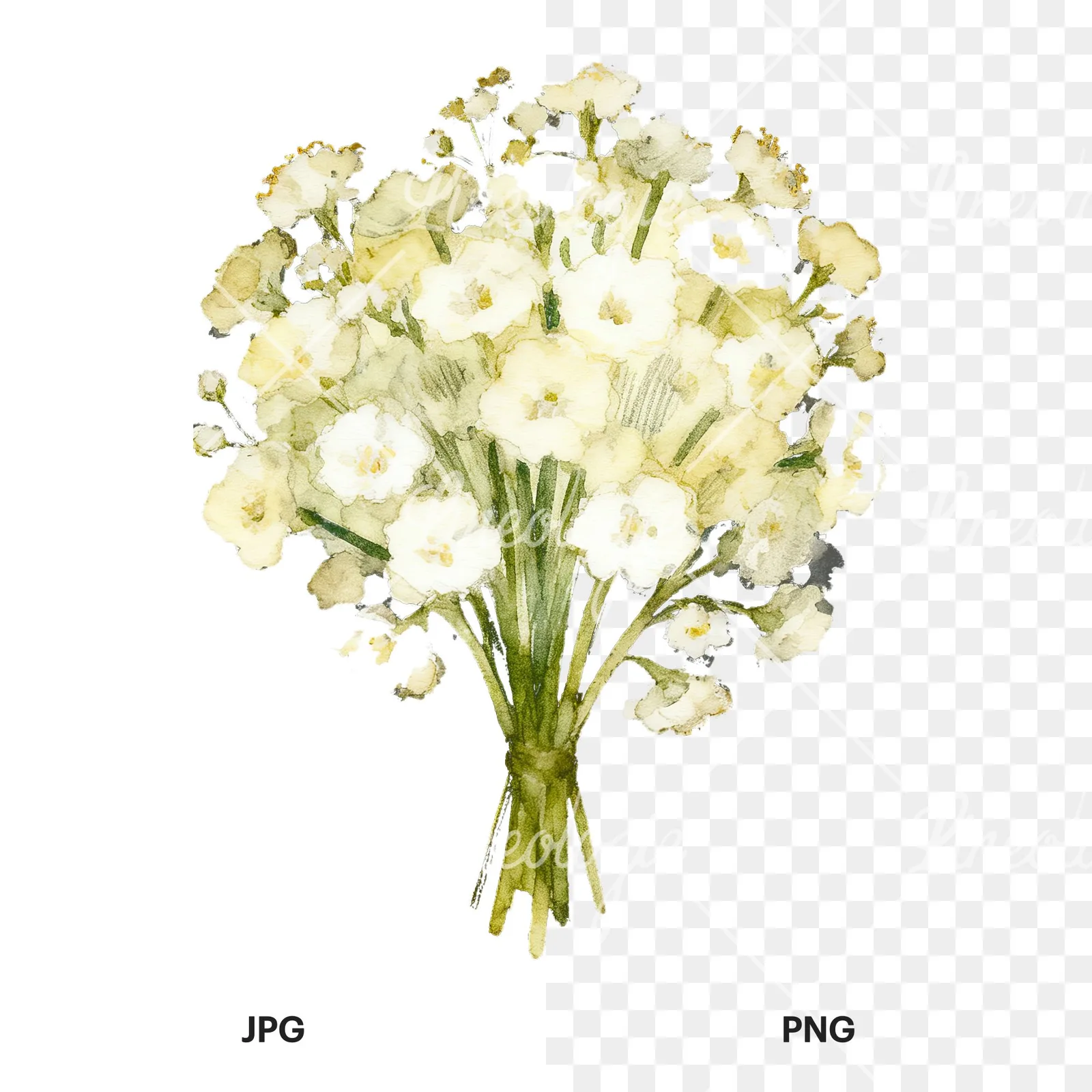 Watercolor babys breath bouquet clipart 4 of 9, as a JPG on white and a transparent PNG