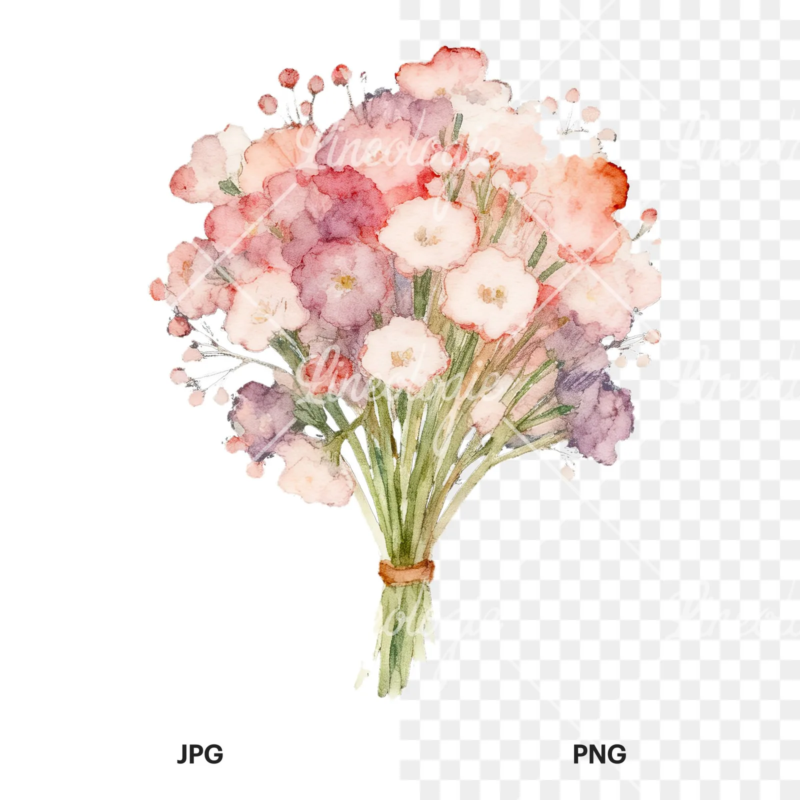Watercolor babys breath bouquet clipart 6 of 9, as a JPG on white and a transparent PNG