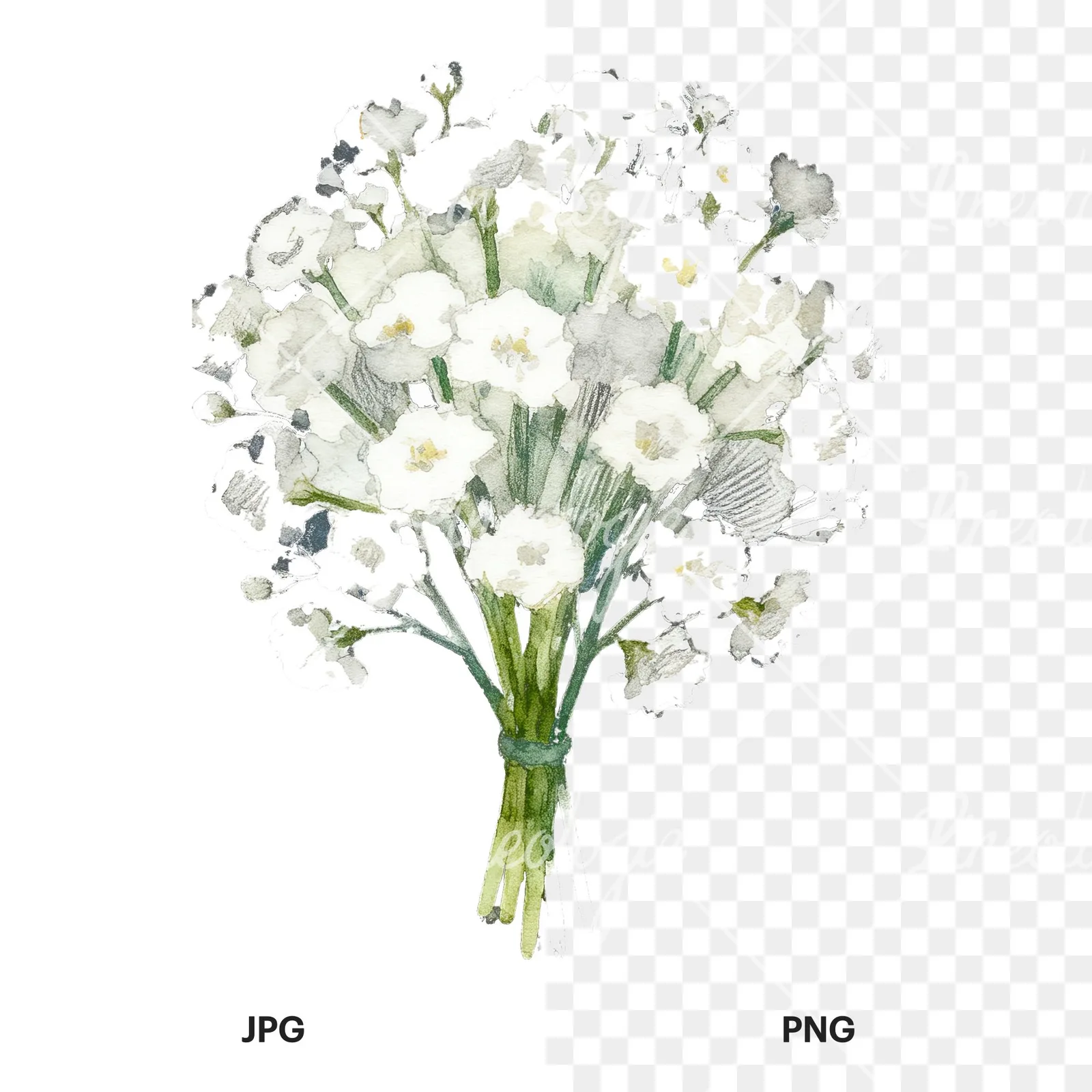 Watercolor babys breath bouquet clipart 7 of 9, as a JPG on white and a transparent PNG