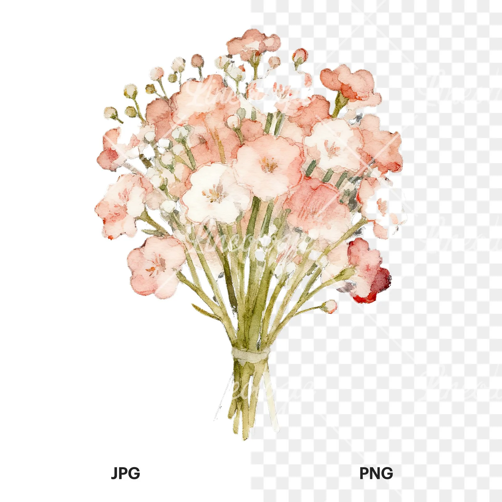 Watercolor babys breath bouquet clipart 8 of 9, as a JPG on white and a transparent PNG