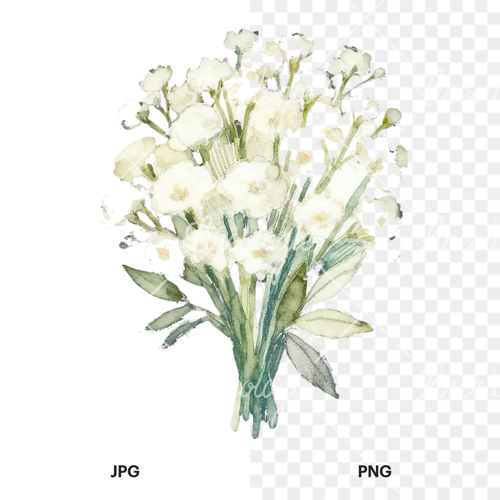 Watercolor babys breath bouquet clipart 9 of 9, as a JPG on white and a transparent PNG