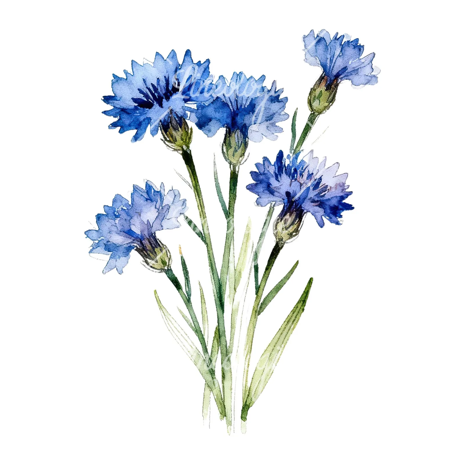 Watercolor loose blue cornflower bouquet clipart 1 of 9 on a white background (JPG)