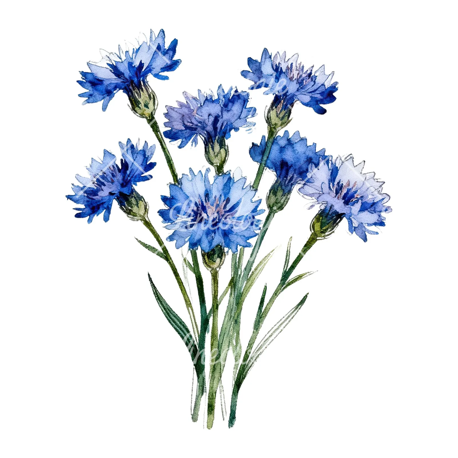 Watercolor loose blue cornflower bouquet clipart 2 of 9 on a white background (JPG)