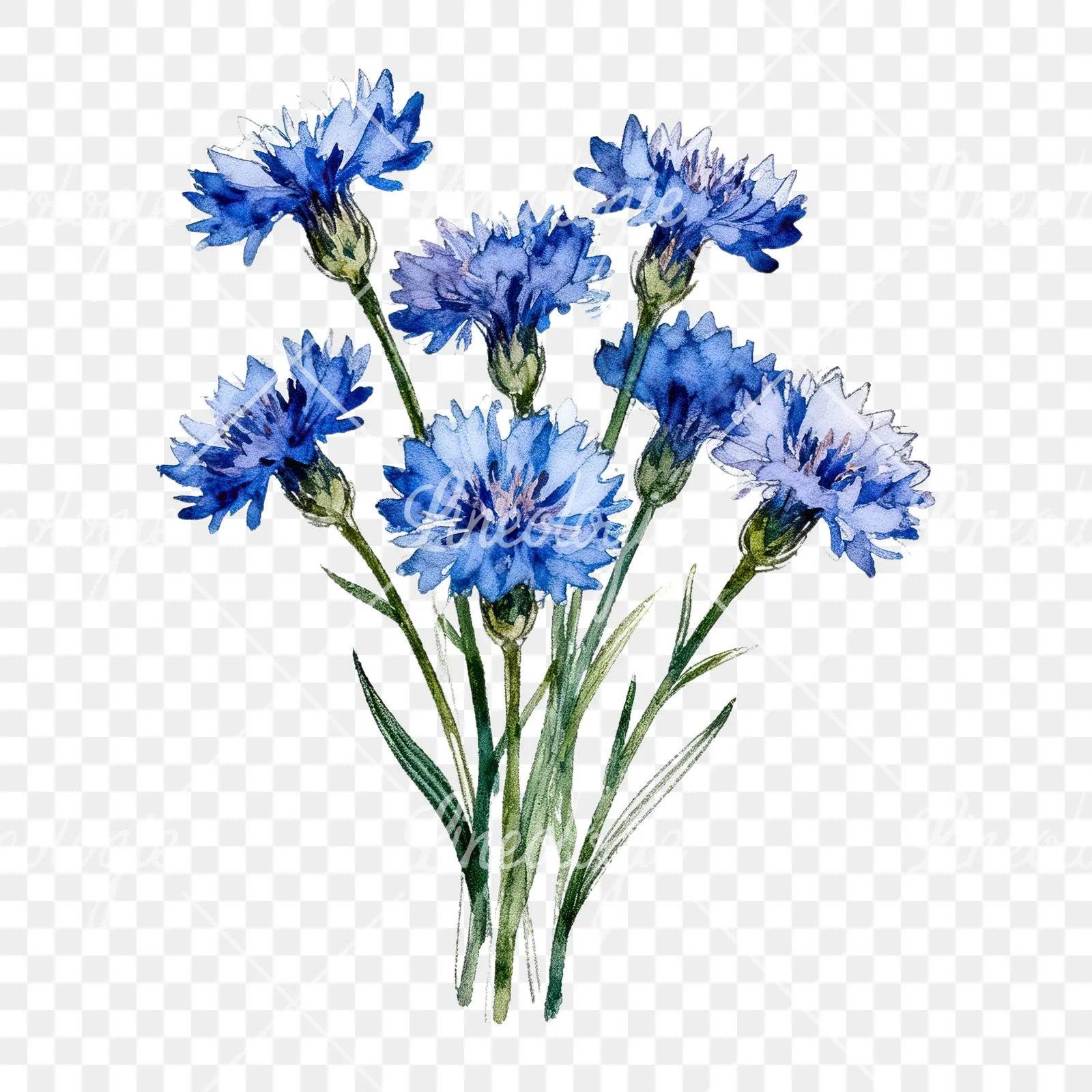Watercolor loose blue cornflower bouquet clipart 2 of 9 on a transparent background (PNG)