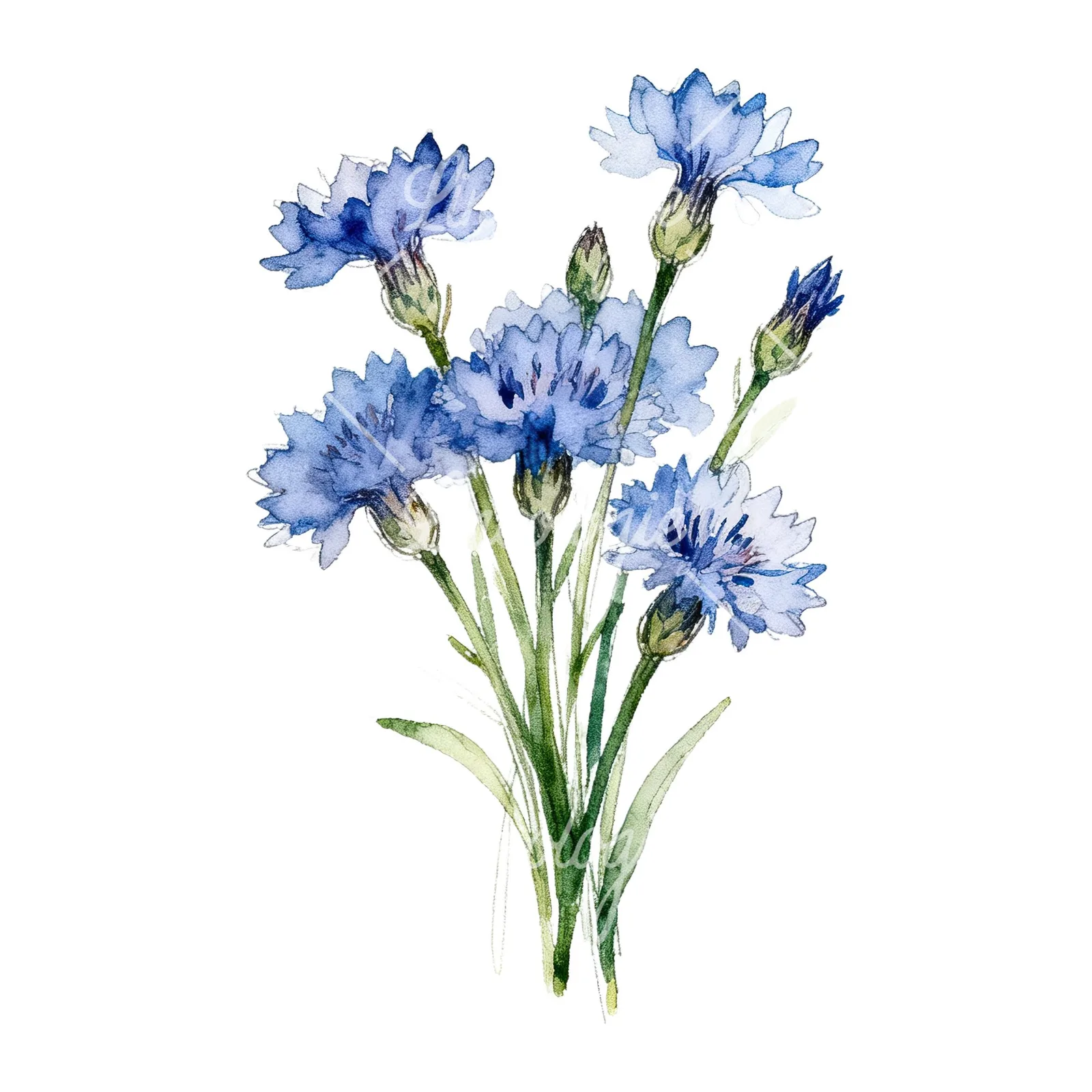 Watercolor loose blue cornflower bouquet clipart 3 of 9 on a white background (JPG)