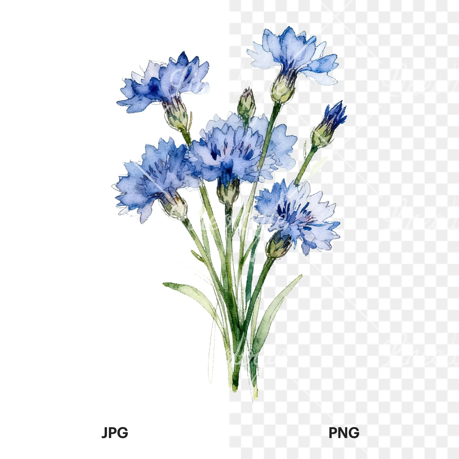 Watercolor loose blue cornflower bouquet clipart 3 of 9, as a JPG on white and a transparent PNG